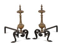 A Pair of Continental Gilt Bronze Lobed Baluster Andirons