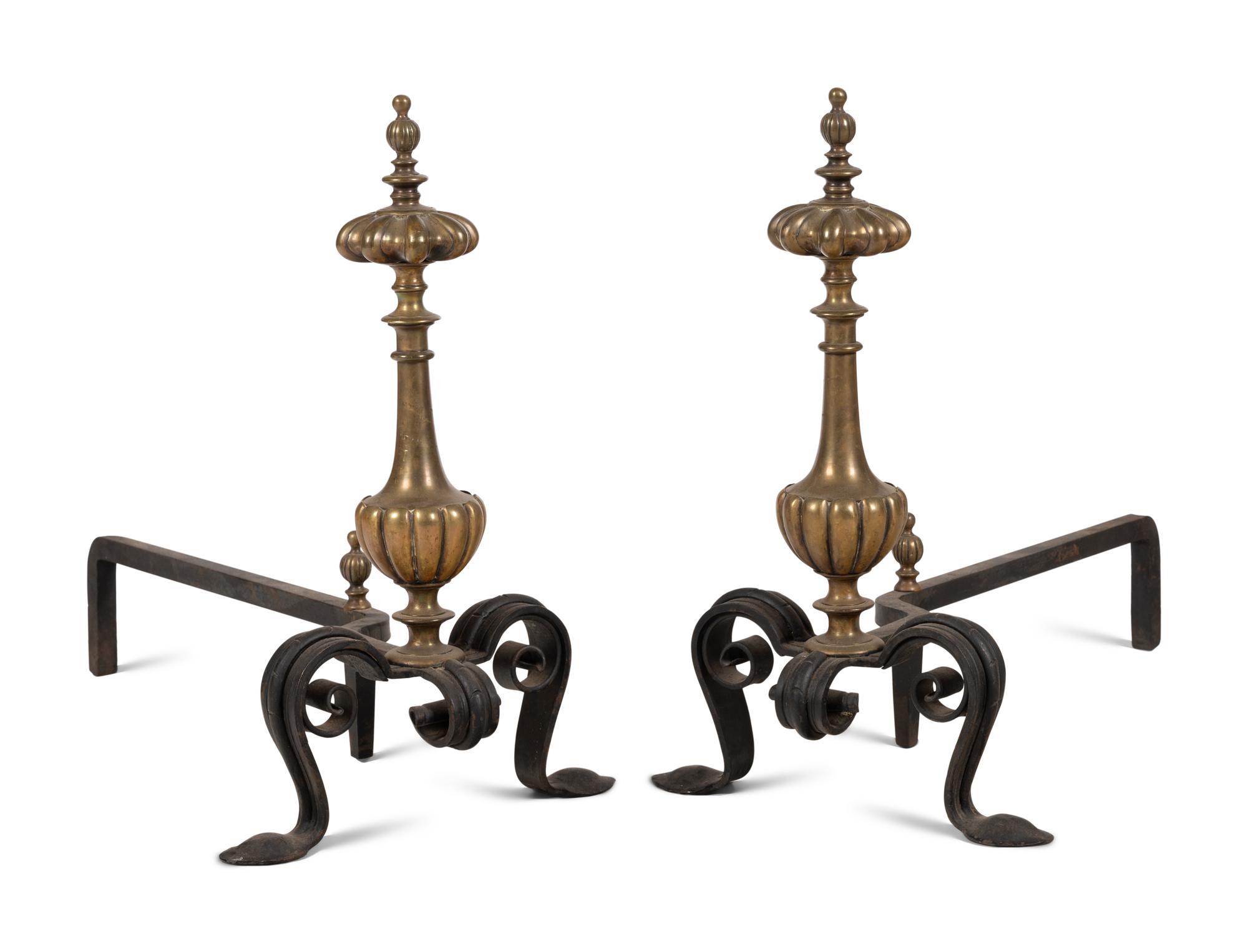 A Pair of Continental Gilt Bronze Lobed Baluster Andirons