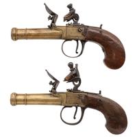 Pair of Unmarked Continental Box Lock Flint Brass Cannon Barrel Pocket Pistols