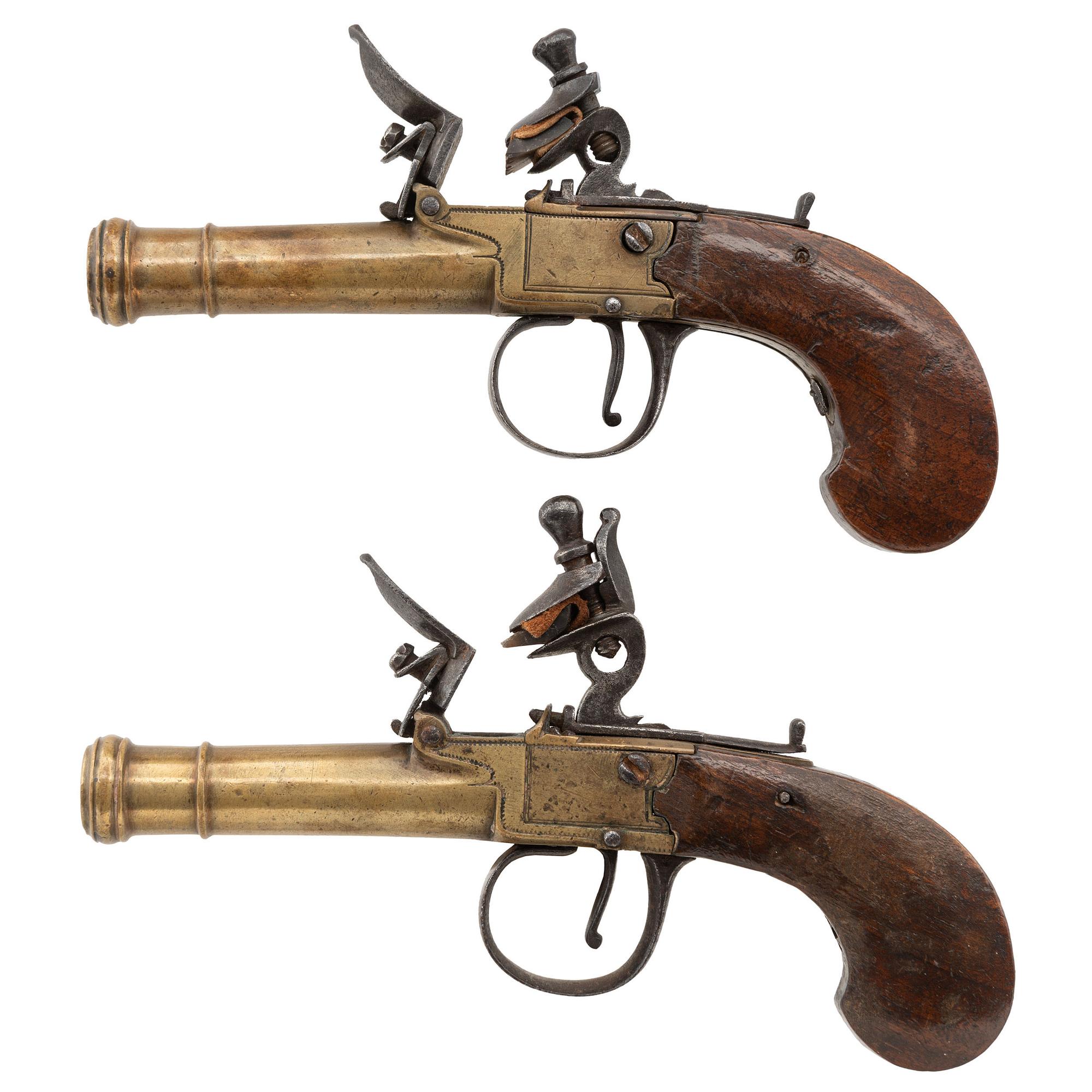 Pair of Unmarked Continental Box Lock Flint Brass Cannon Barrel Pocket Pistols