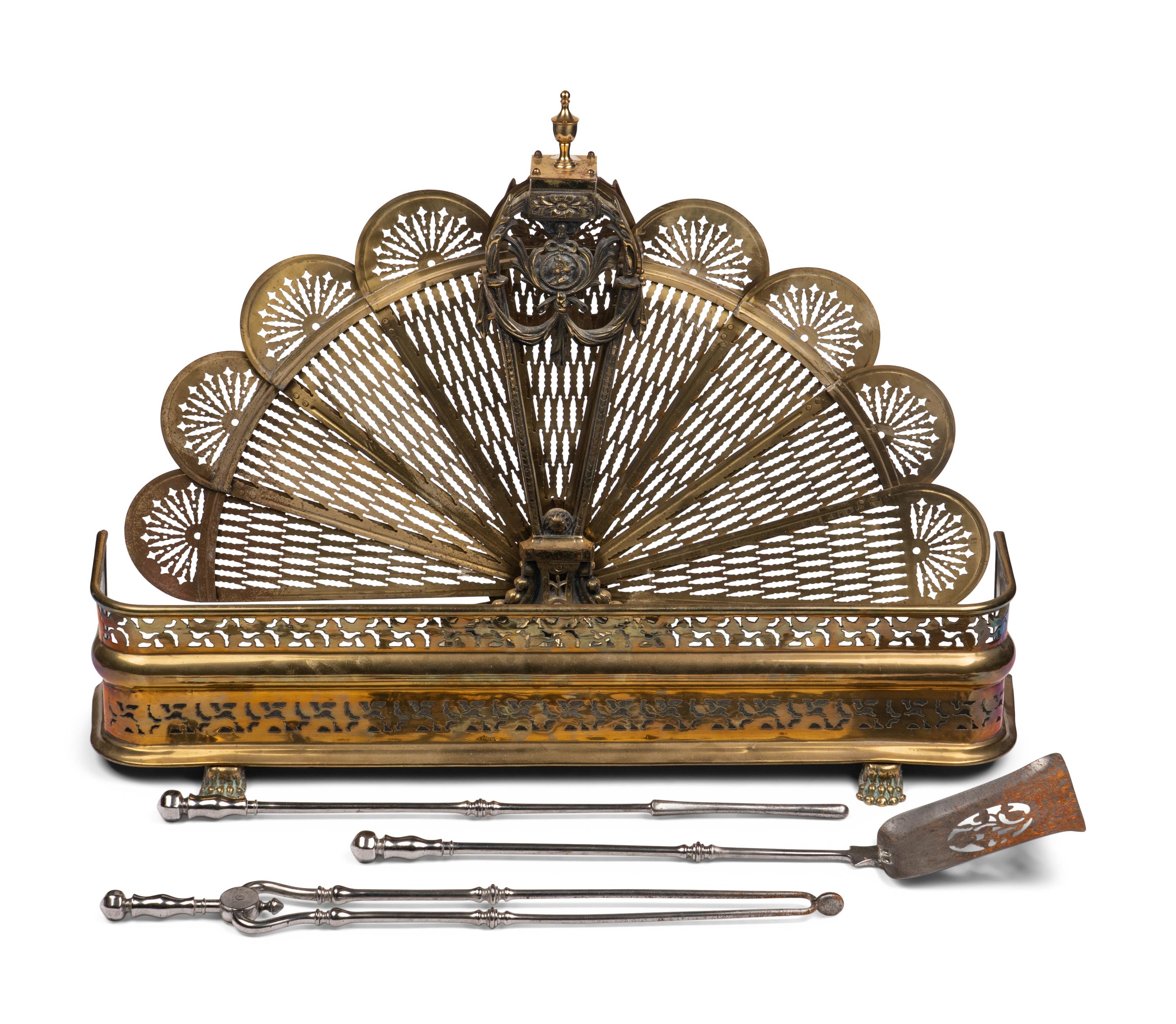An English Brass Fireplace Fender and Fire Screen
