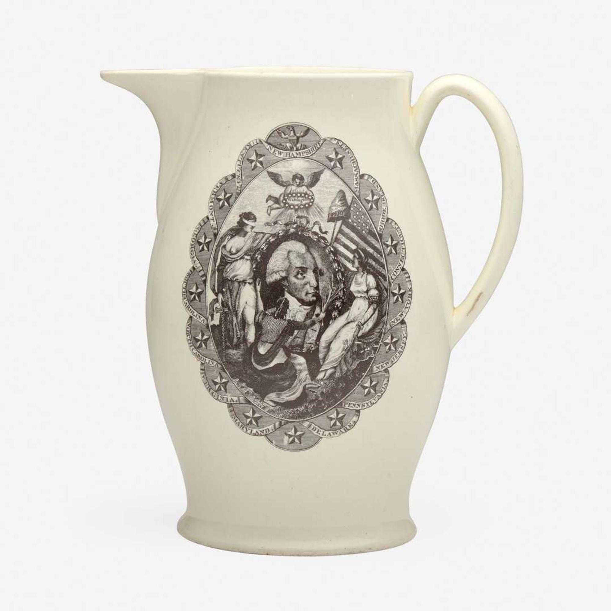 A transfer-decorated creamware jug Probably Liverpool, England, circa 1800