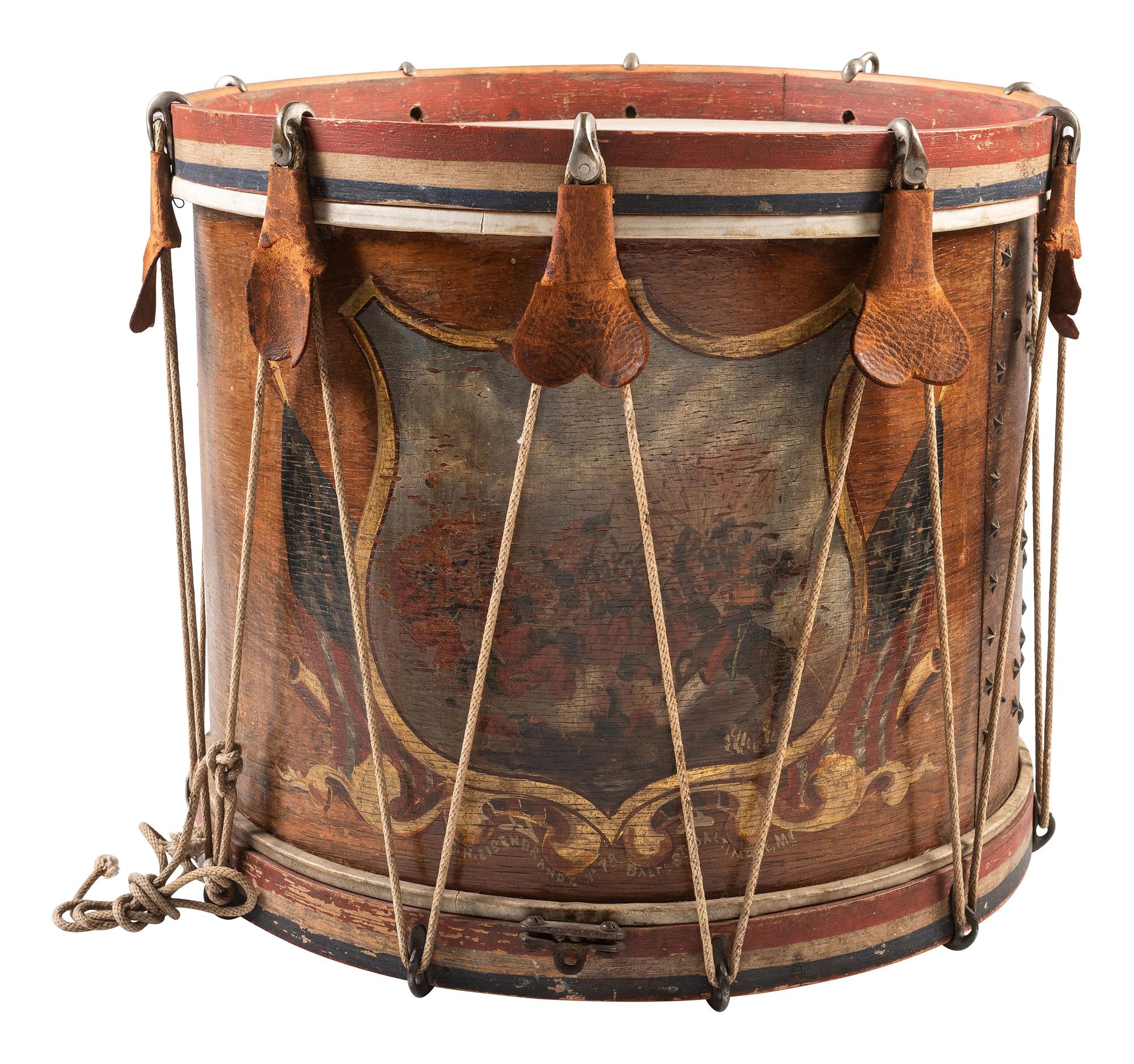 [CIVIL WAR]. Hand-painted snare drum depicting Zouaves in battle. Manufactured by C.H. Eisenbrandt, Baltimore, MD, ca 1860-1865.