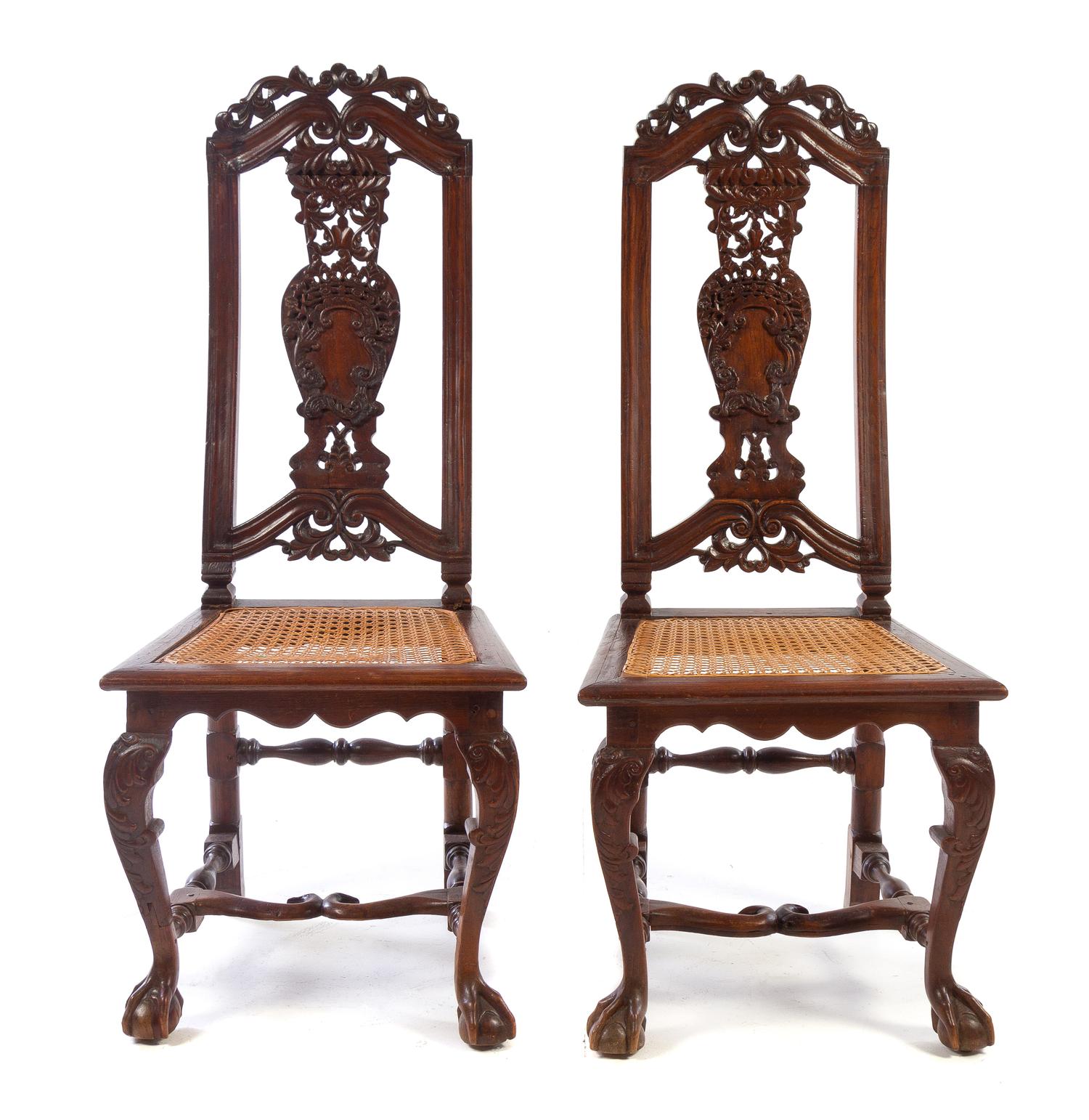 A Pair of William and Mary Style Oak Side Chairs Height 46 inches. — 19TH CENTURY