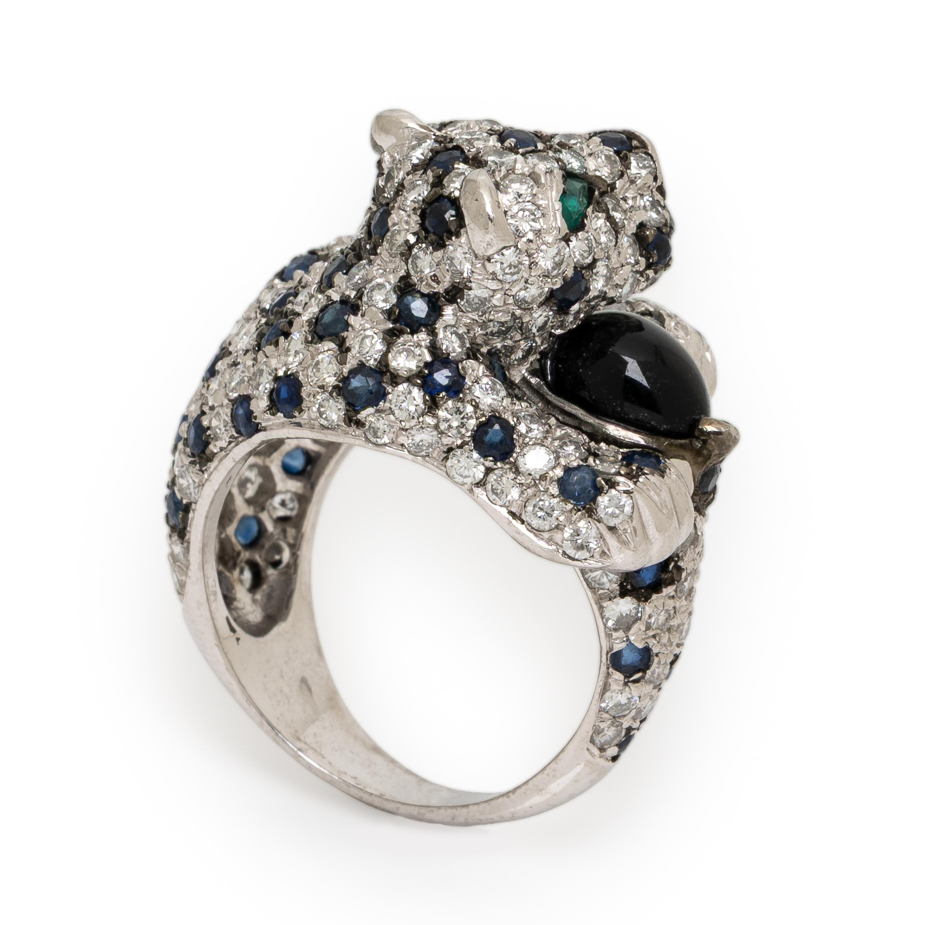 Diamond, Sapphire, and Onyx Panther Ring