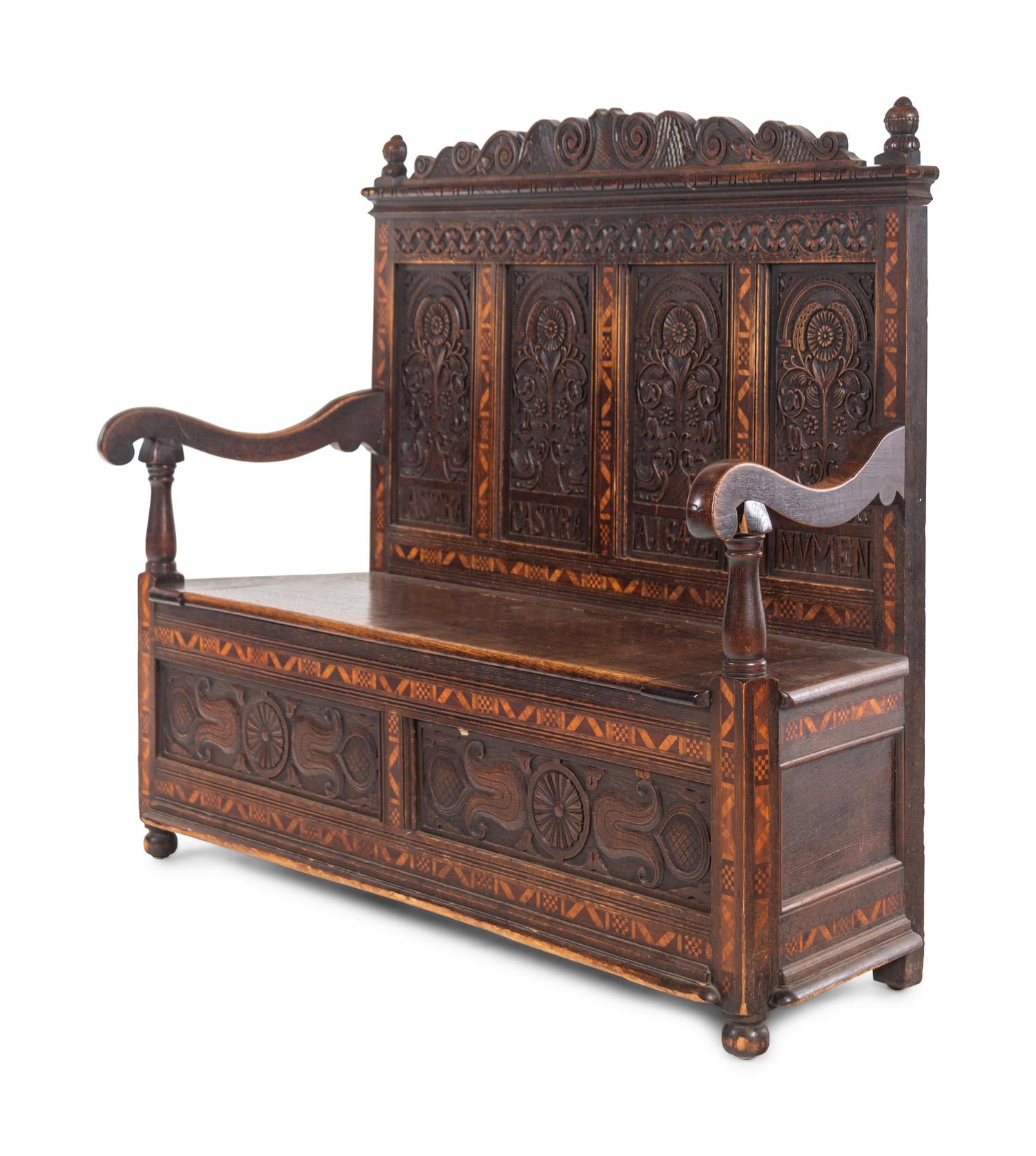 A William and Mary Style Carved Oak and Marquetry Settle