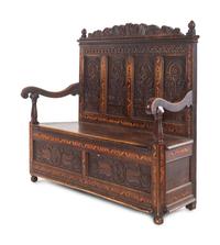 A William and Mary Style Carved Oak and Marquetry Settle