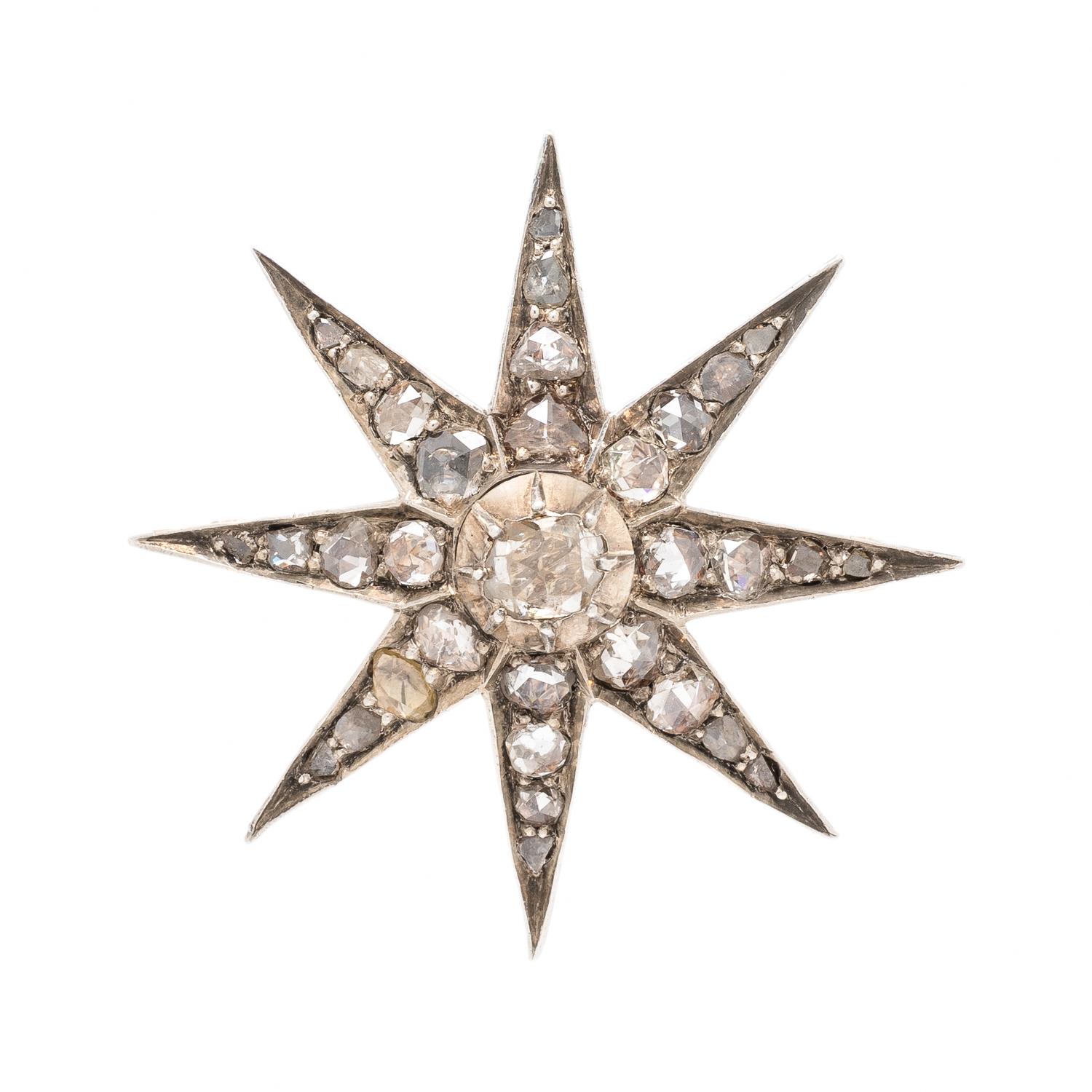 Early Victorian, Diamond and Silver-Topped Low Karat Gold Starburst Brooch