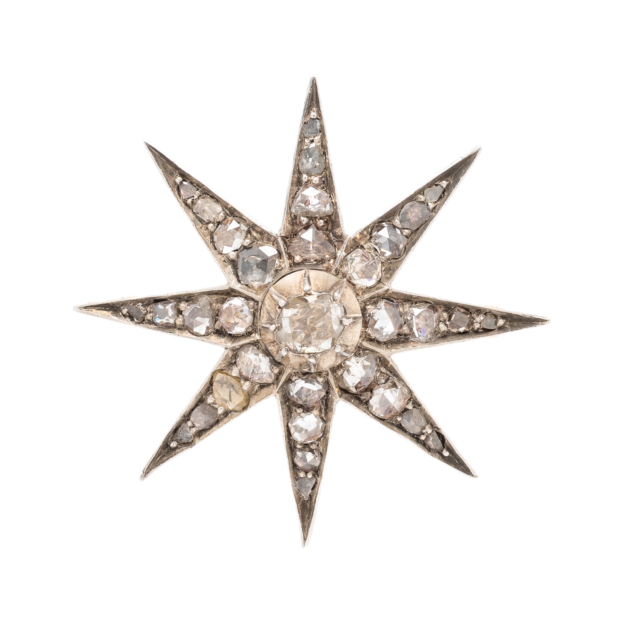 Early Victorian, Diamond and Silver-Topped Low Karat Gold Starburst Brooch