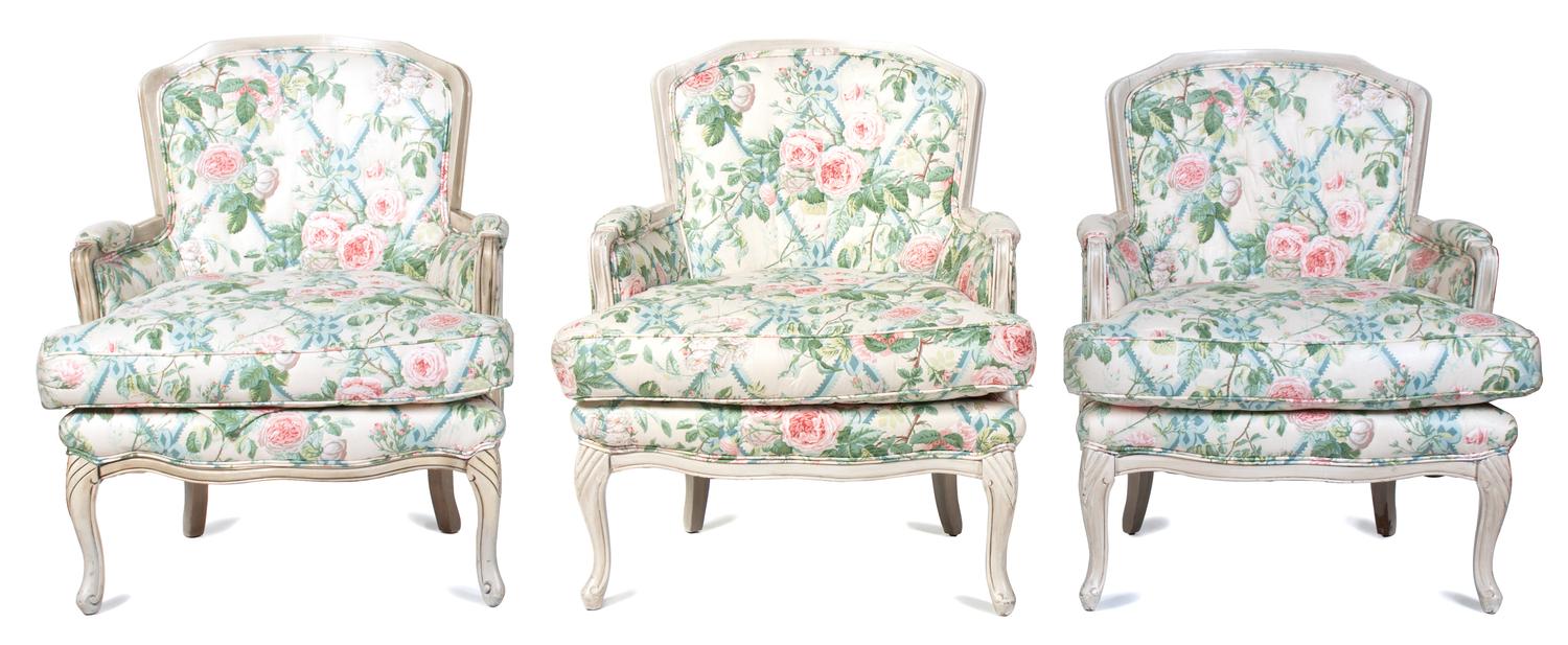 A Group of Three Louis XV Style White-Painted Bergeres Height of first 34 inches. — 20TH CENTURY