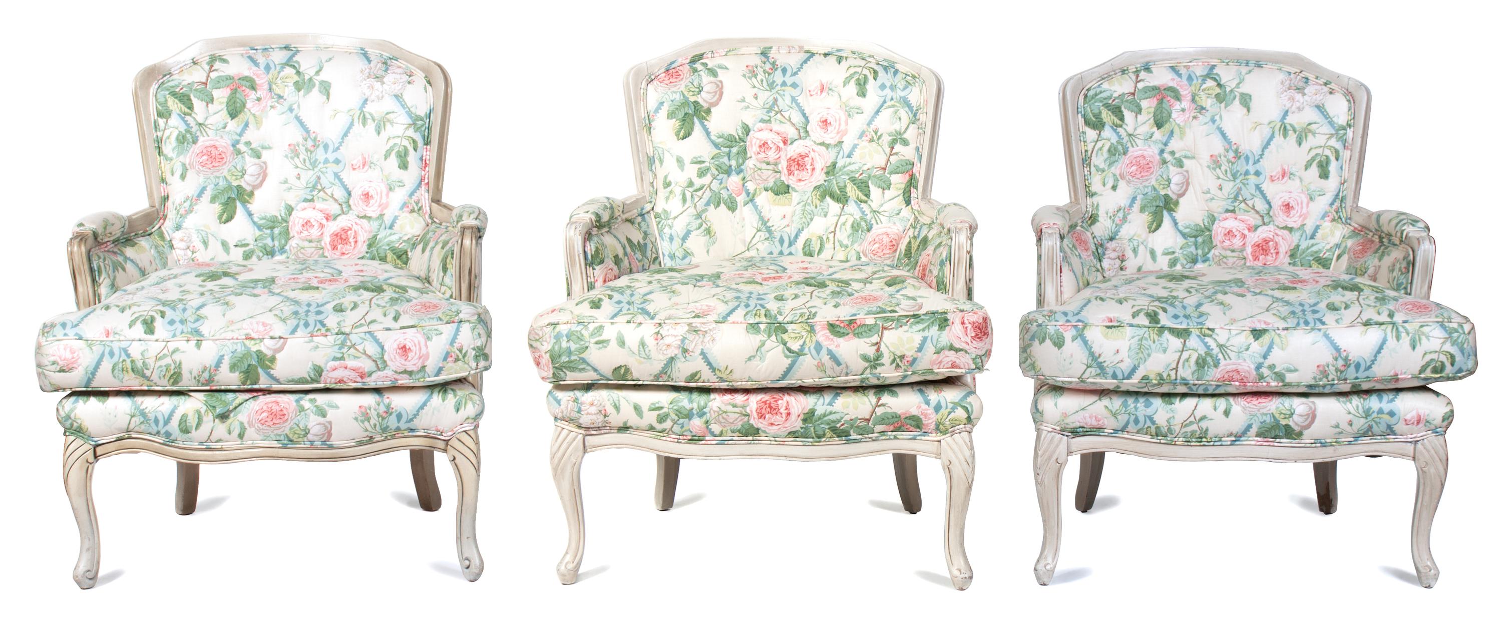A Group of Three Louis XV Style White-Painted Bergeres Height of first 34 inches. — 20TH CENTURY