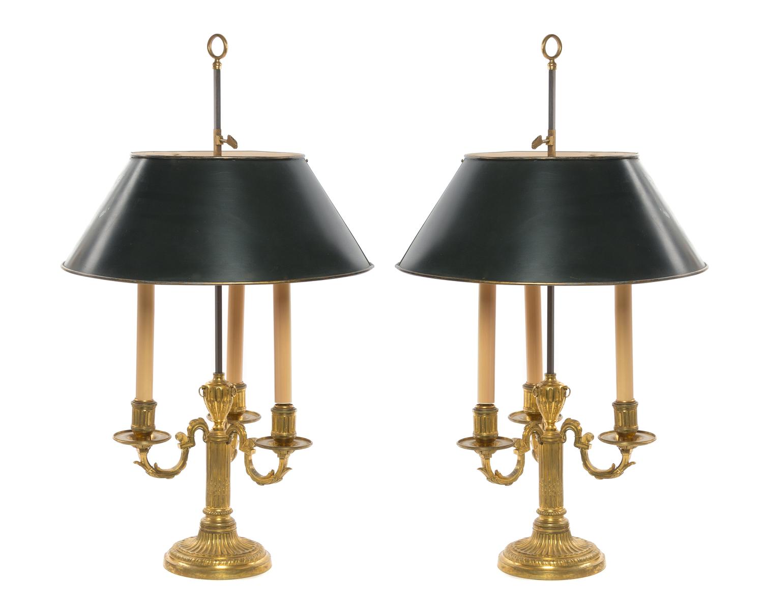 A Pair of Louis XVI Style Gilt Bronze Bouillotte Lamps Height 27 inches. — 20TH CENTURY