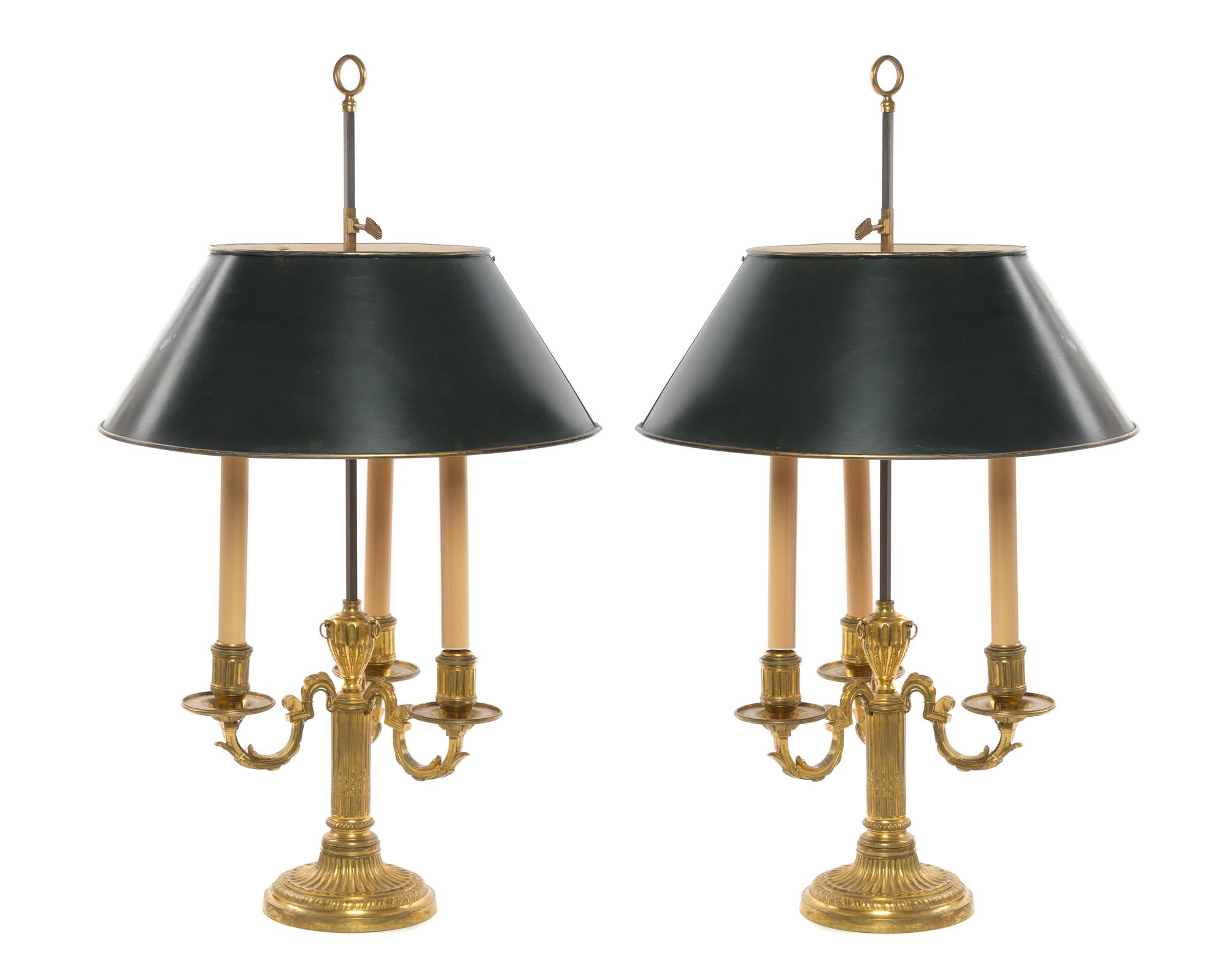 A Pair of Louis XVI Style Gilt Bronze Bouillotte Lamps Height 27 inches. — 20TH CENTURY