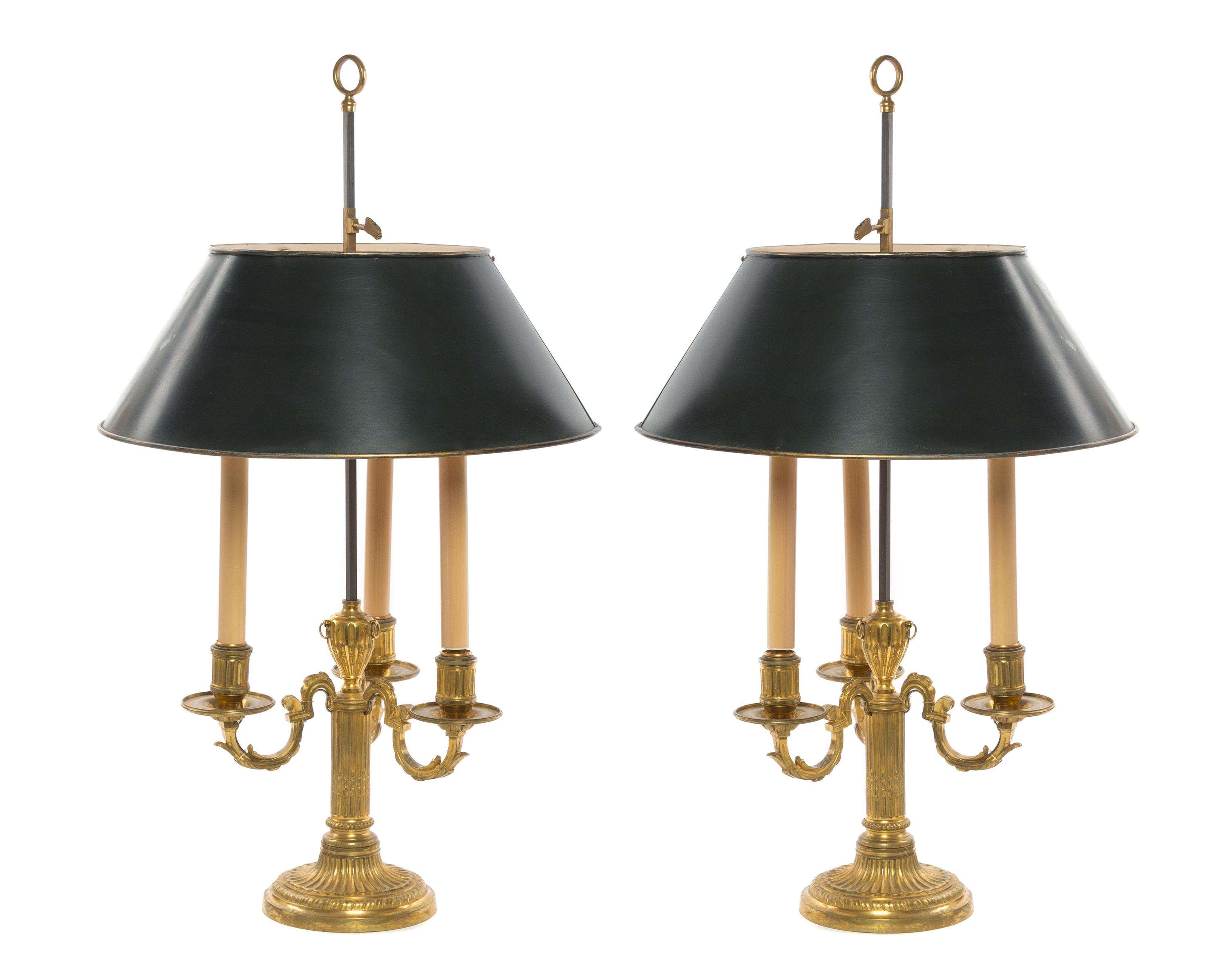 A Pair of Louis XVI Style Gilt Bronze Bouillotte Lamps Height 27 inches. — 20TH CENTURY