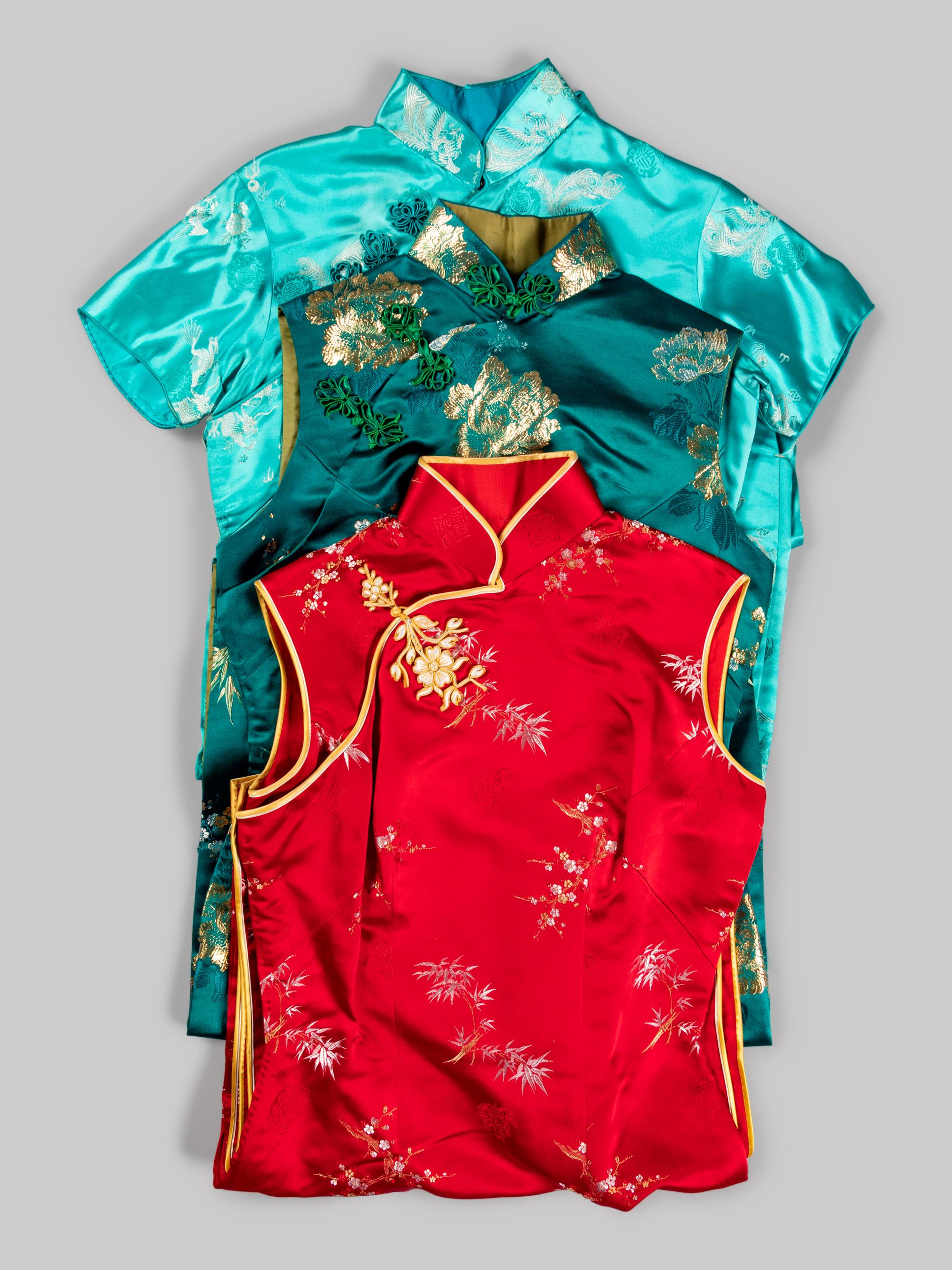 Three Chinese Silk Embroidered Ladies' Cheongsam, Qipao