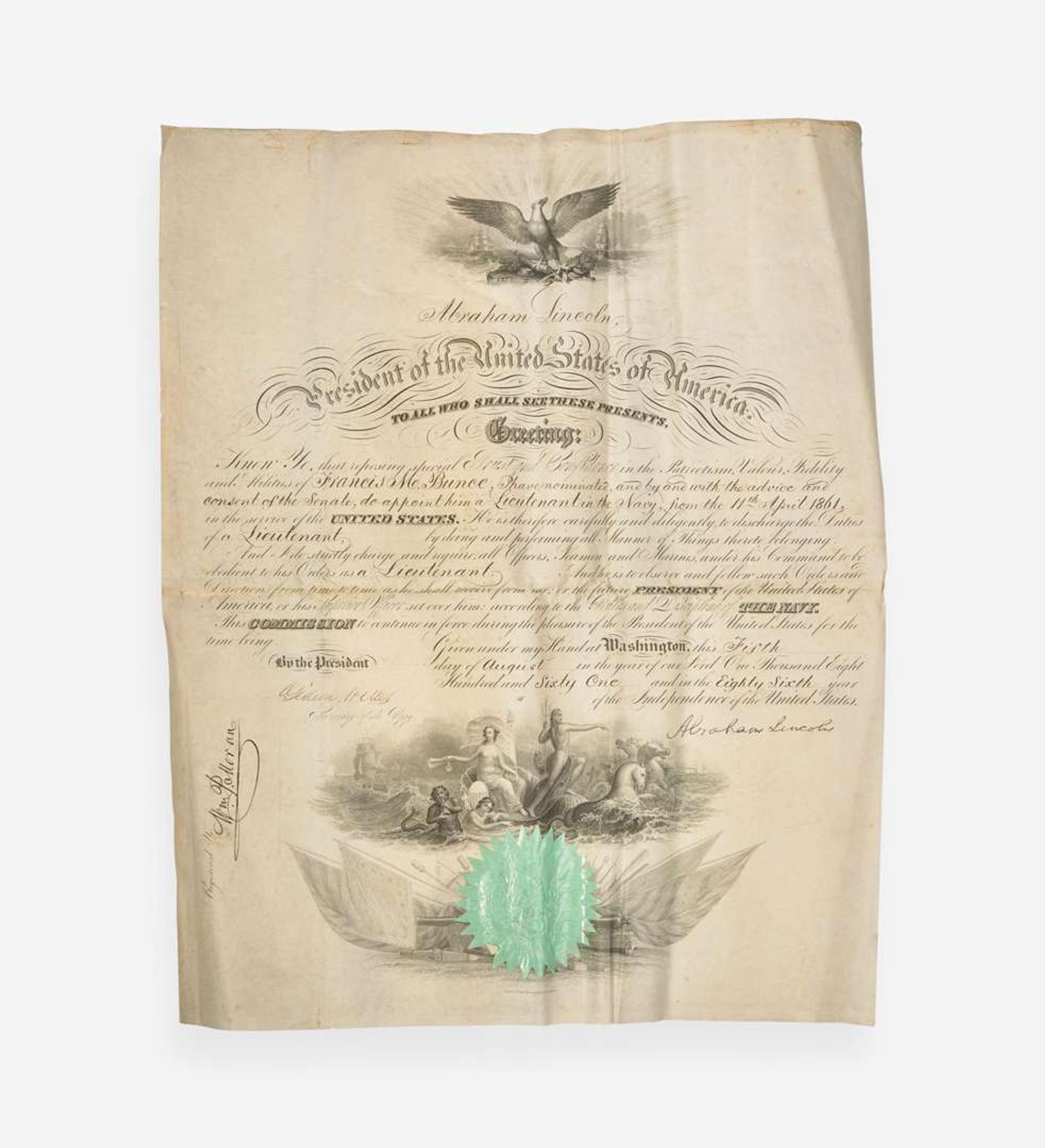 [Presidential] [Bunce, Francis M.] Lincoln, Abraham Signed Military Commission