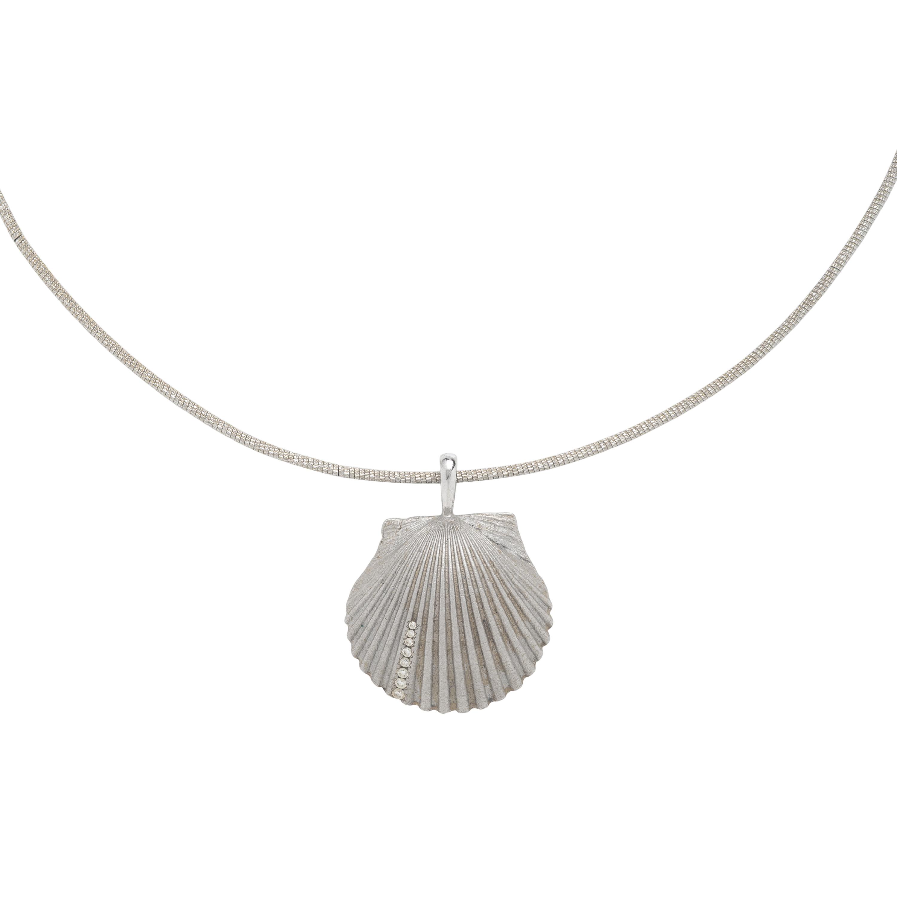 White Gold and Diamond Shell Pendant Necklace