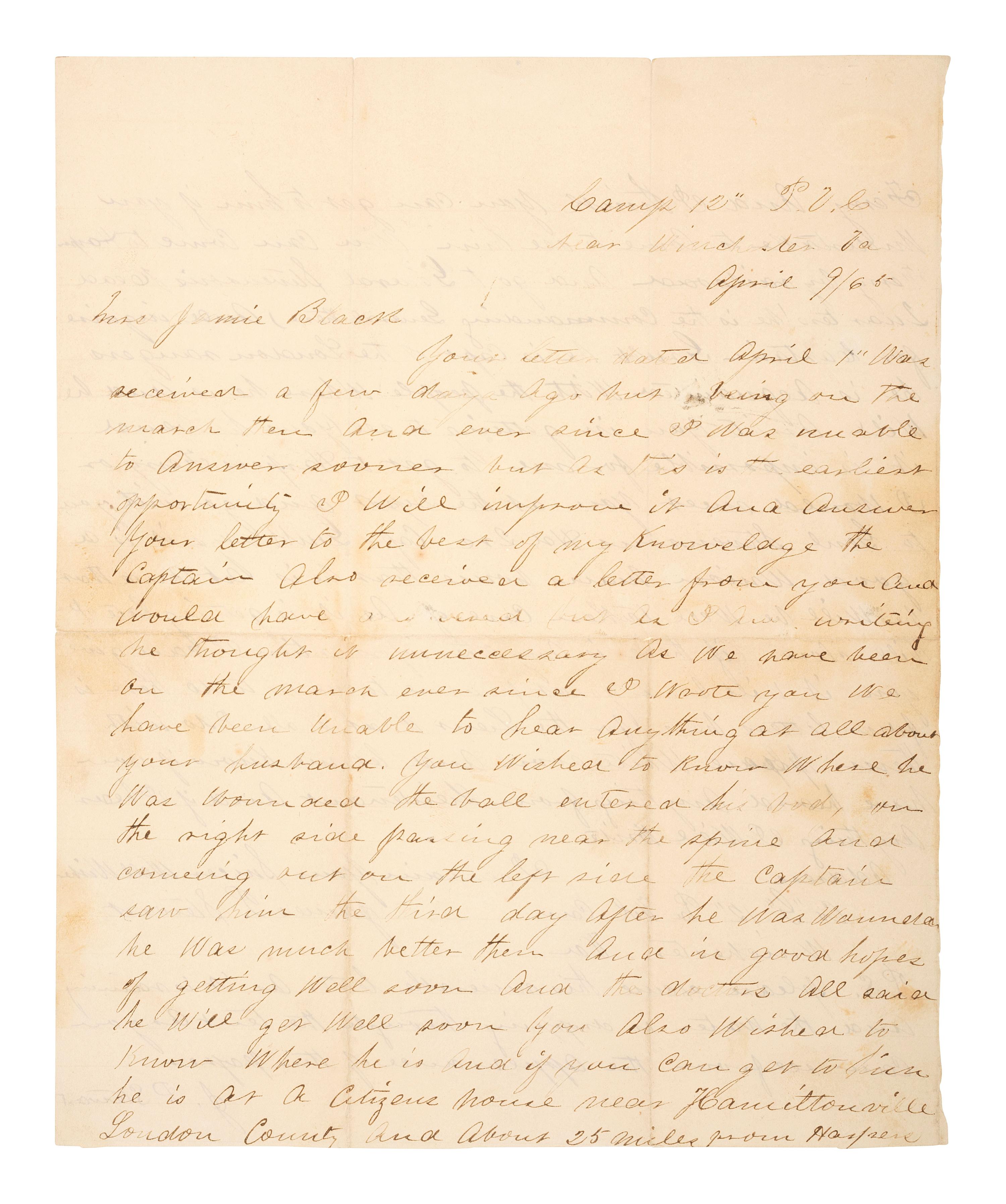 [CIVIL WAR]. 2 letters written to the wife of Captain John H. Black, 12th Pennsylvania Cavalry.