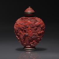 A Chinese Carved Cinnabar Lacquer Snuff Bottle, Qing Dynasty, 18th Century — 清中期 剔紅人物山水圖鼻煙壺