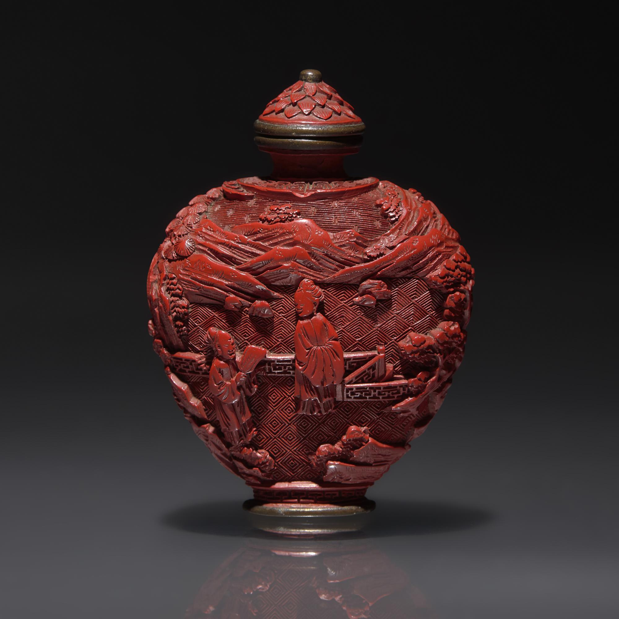 A Chinese Carved Cinnabar Lacquer Snuff Bottle, Qing Dynasty, 18th Century — 清中期 剔紅人物山水圖鼻煙壺