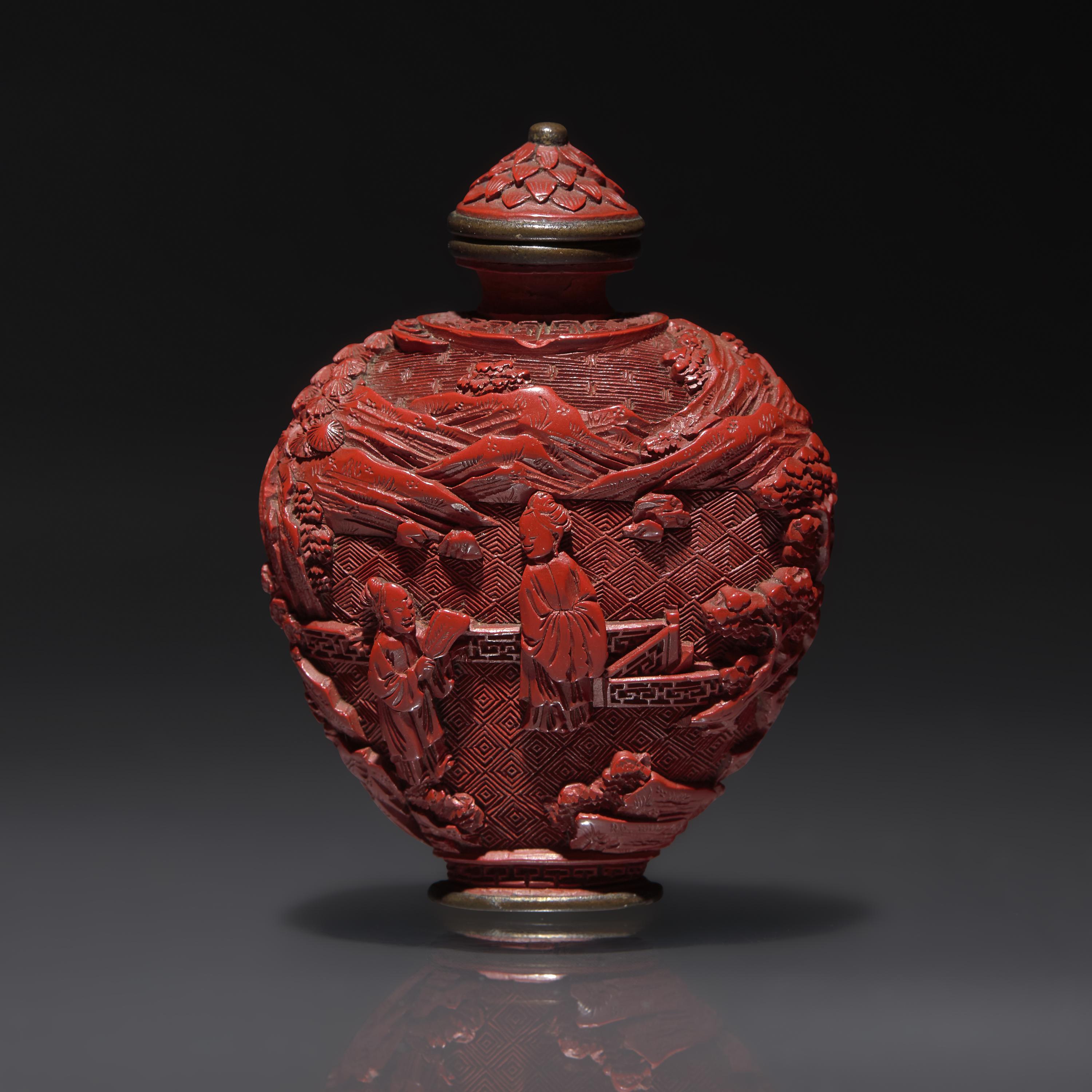A Chinese Carved Cinnabar Lacquer Snuff Bottle, Qing Dynasty, 18th Century — 清中期 剔紅人物山水圖鼻煙壺