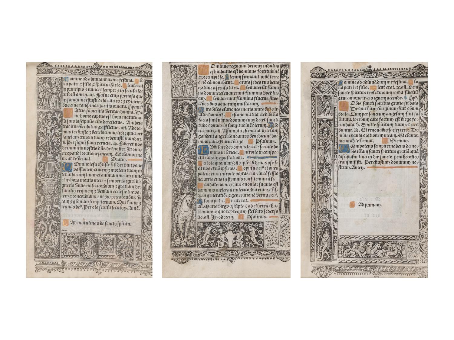 [BOOK OF HOURS]. HARDOUYN, Gilles and Germain (Paris, ca. 1500). A group of 5 printed leaves from a French Book of Hours, likely executed in the workshop of Gilles and Germain Hardouyn (Active ca. 1491-1541). Latin.