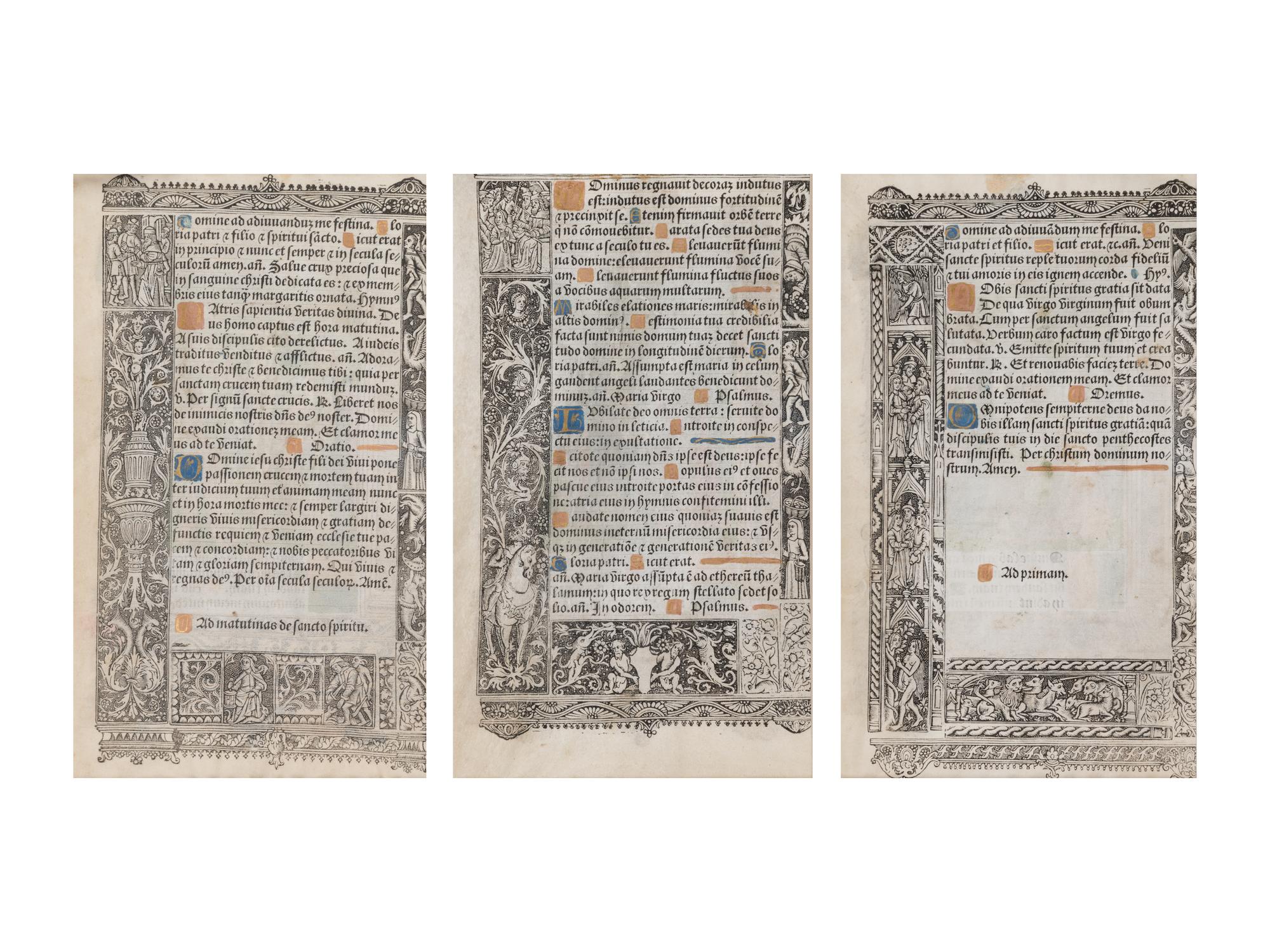 [BOOK OF HOURS]. HARDOUYN, Gilles and Germain (Paris, ca. 1500). A group of 5 printed leaves from a French Book of Hours, likely executed in the workshop of Gilles and Germain Hardouyn (Active ca. 1491-1541). Latin.