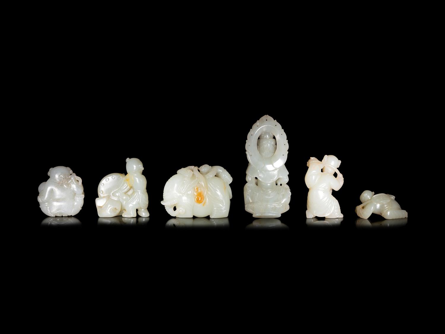 Six Chinese Carved Celadon Jade Figural Groups