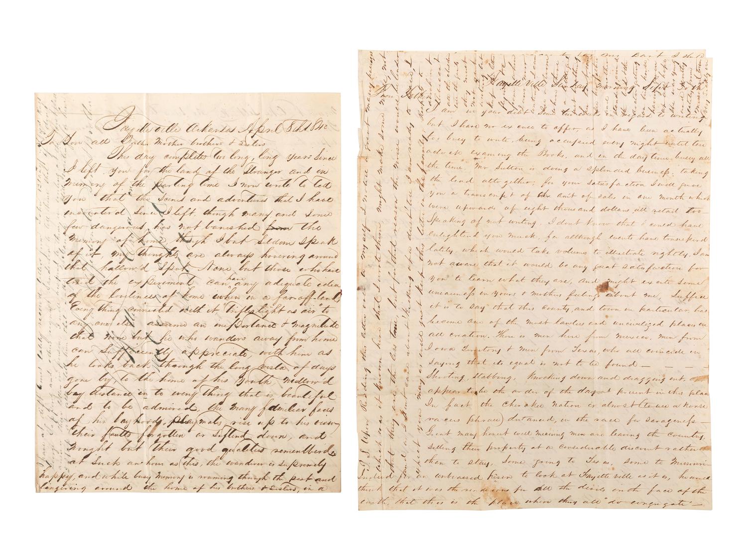 [WESTERN AMERICANA - NATIVE AMERICANS]. A group of 8 letters written by Stuart W. Case (1819-1879), most from Fayetteville, Arkansas, describing the Cherokee and forced emigration on the "Trail of Tears." Ca 1838-1840.
