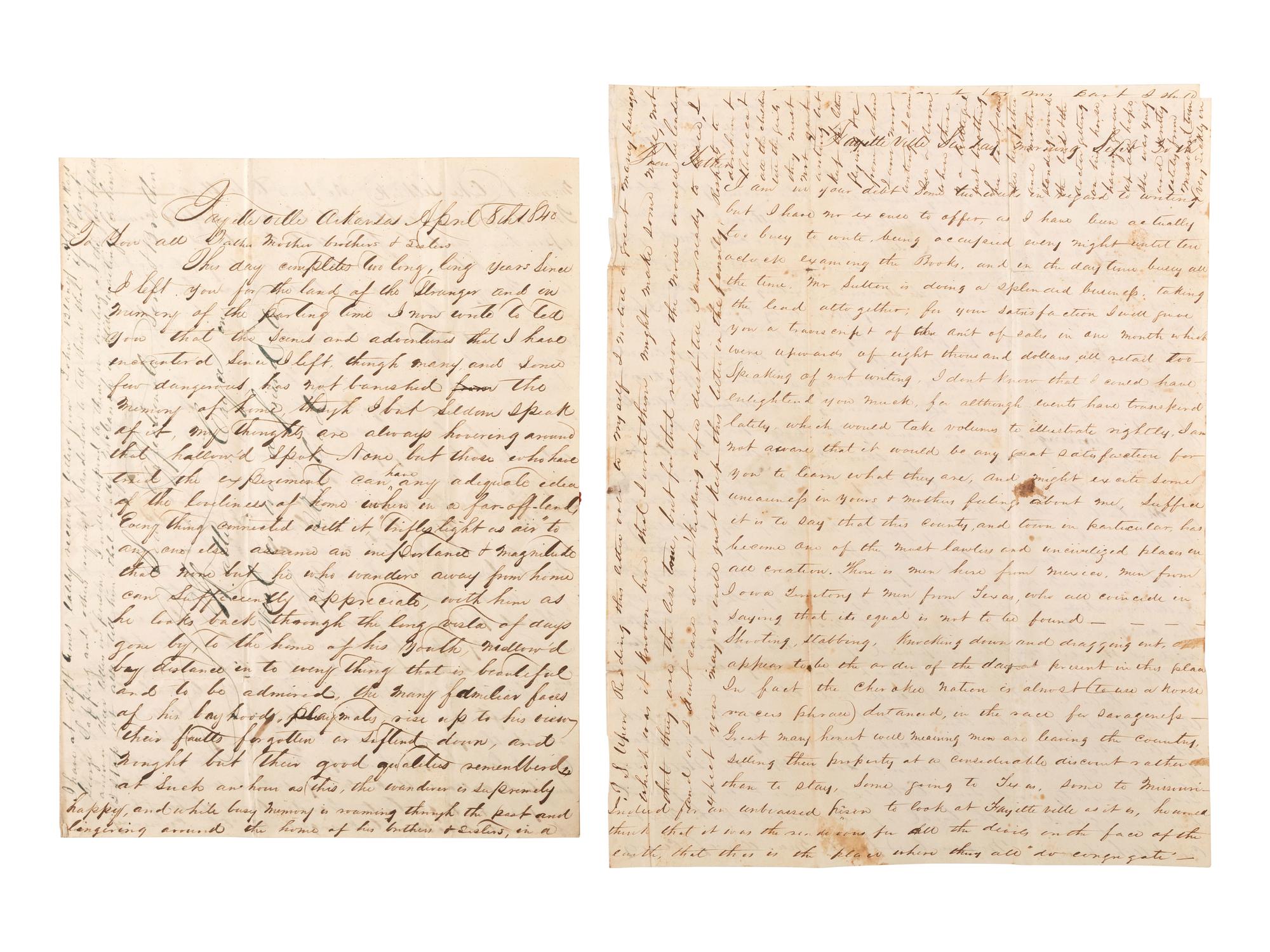 [WESTERN AMERICANA - NATIVE AMERICANS]. A group of 8 letters written by Stuart W. Case (1819-1879), most from Fayetteville, Arkansas, describing the Cherokee and forced emigration on the "Trail of Tears." Ca 1838-1840.