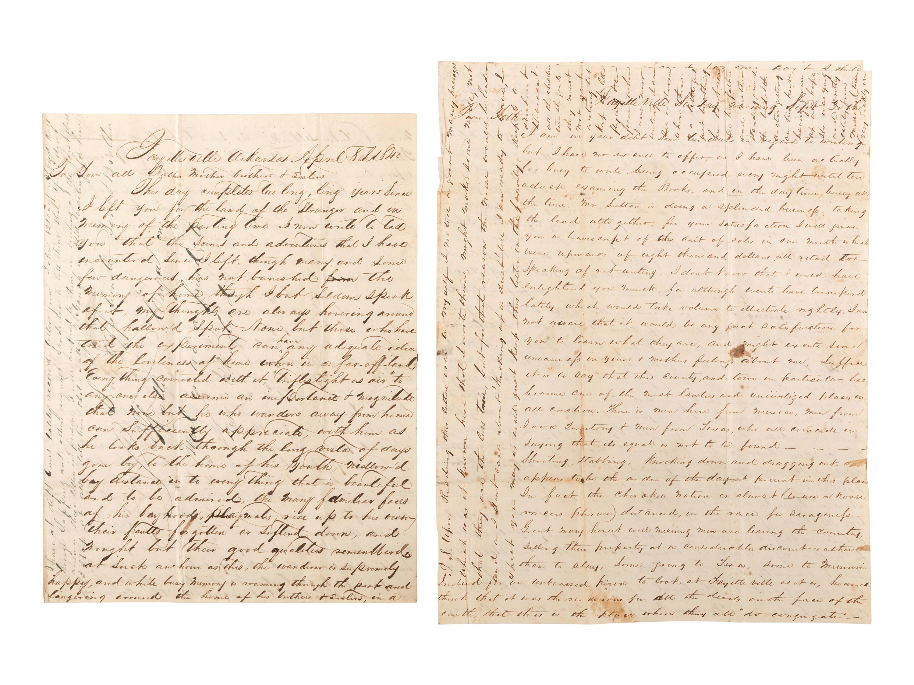 [WESTERN AMERICANA - NATIVE AMERICANS]. A group of 8 letters written by Stuart W. Case (1819-1879), most from Fayetteville, Arkansas, describing the Cherokee and forced emigration on the "Trail of Tears." Ca 1838-1840.