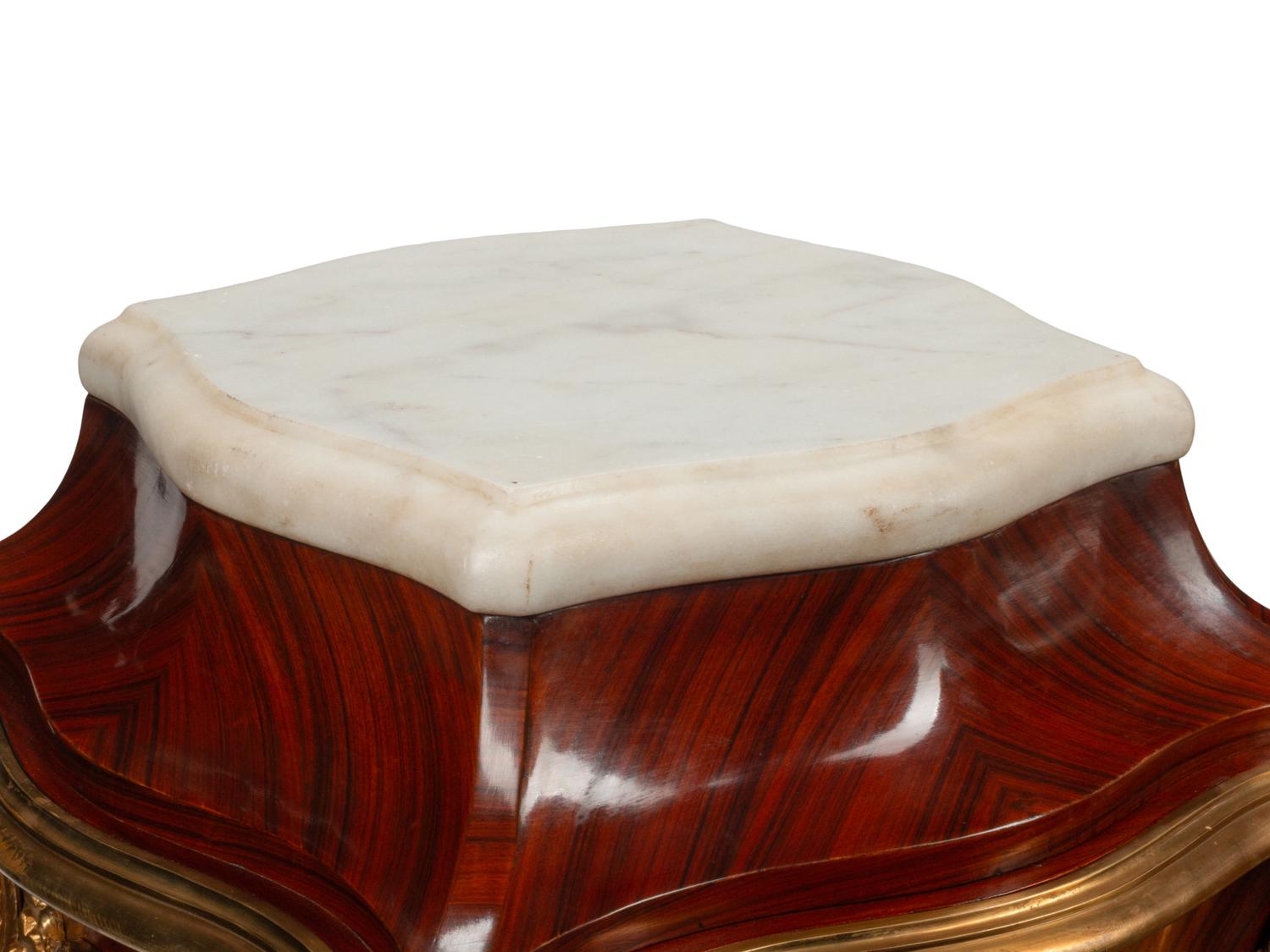 A Pair of Louis XV Style Gilt Bronze Mounted Kingwood Marble-Top Pedestals