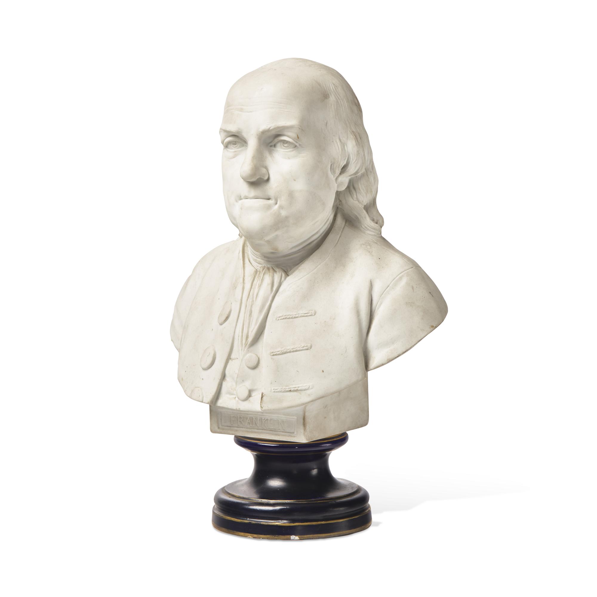 A Sevres Bisque Porcelain Bust of Benjamin Franklin, After the Example by Jean-Jacques Caffieri (French, 1725-1792)