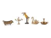 A Pair of Brass Two-Light Candelabra, a Pair of Shoe Horns and Other Brass Articles