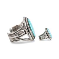 Matching Heavy Sterling Silver and Turquoise Cuff Bracelet AND Ring Set