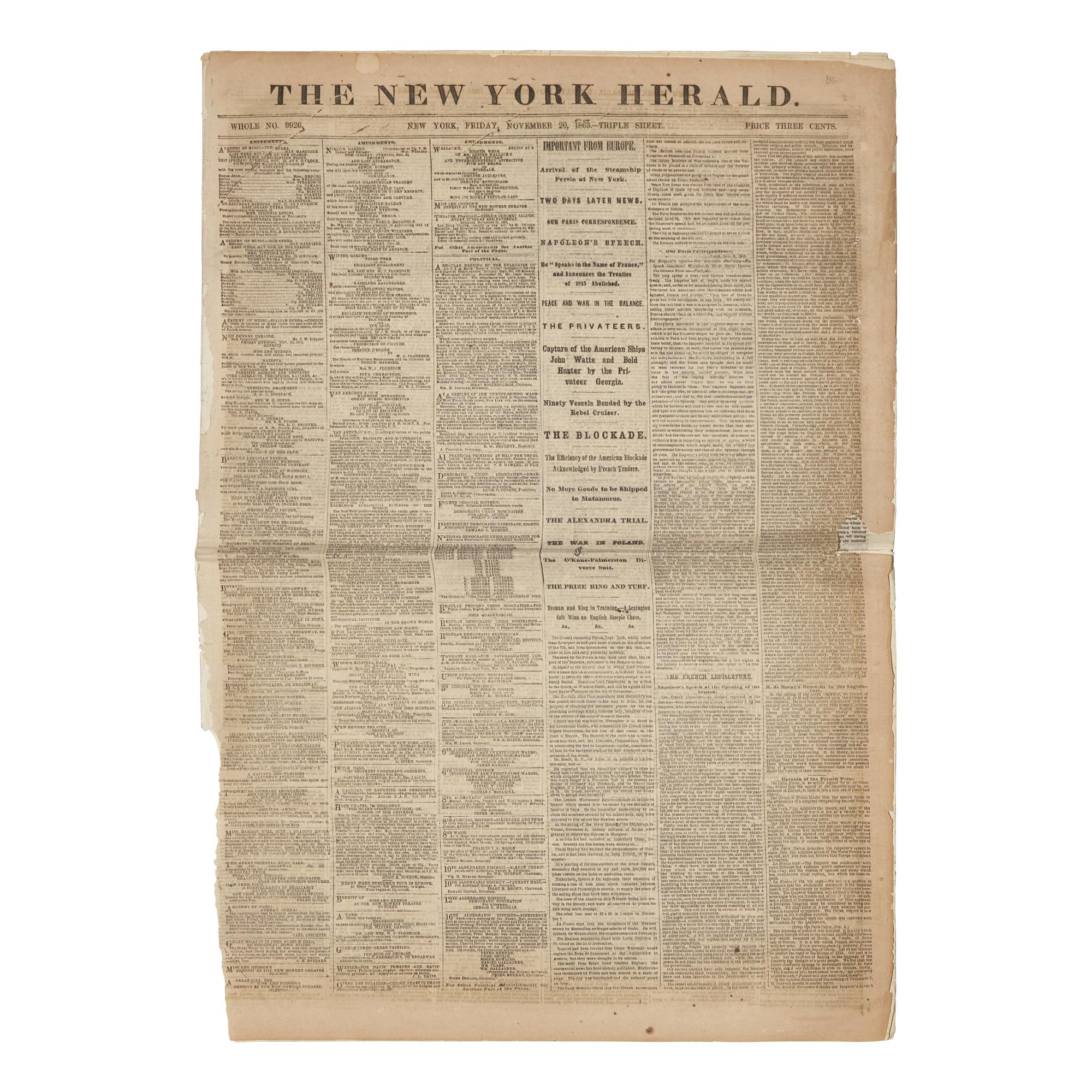 [Gettysburg Address] First Day Printing of the Gettysburg Address in The New York Herald