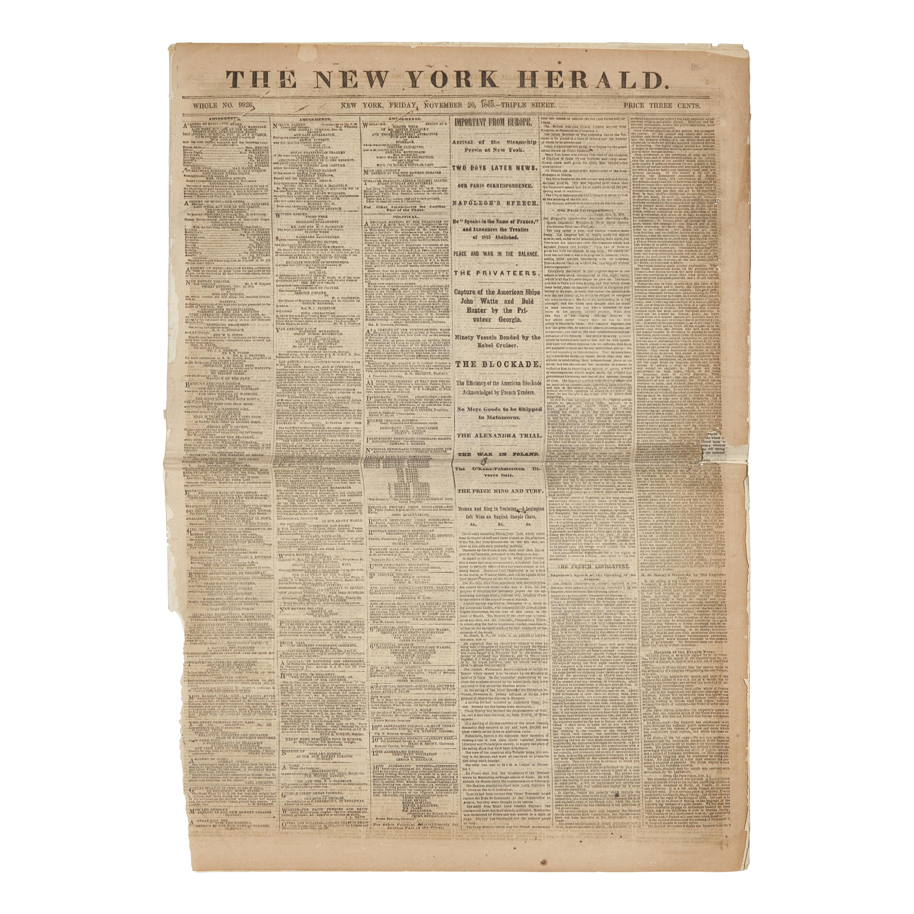 [Gettysburg Address] First Day Printing of the Gettysburg Address in The New York Herald
