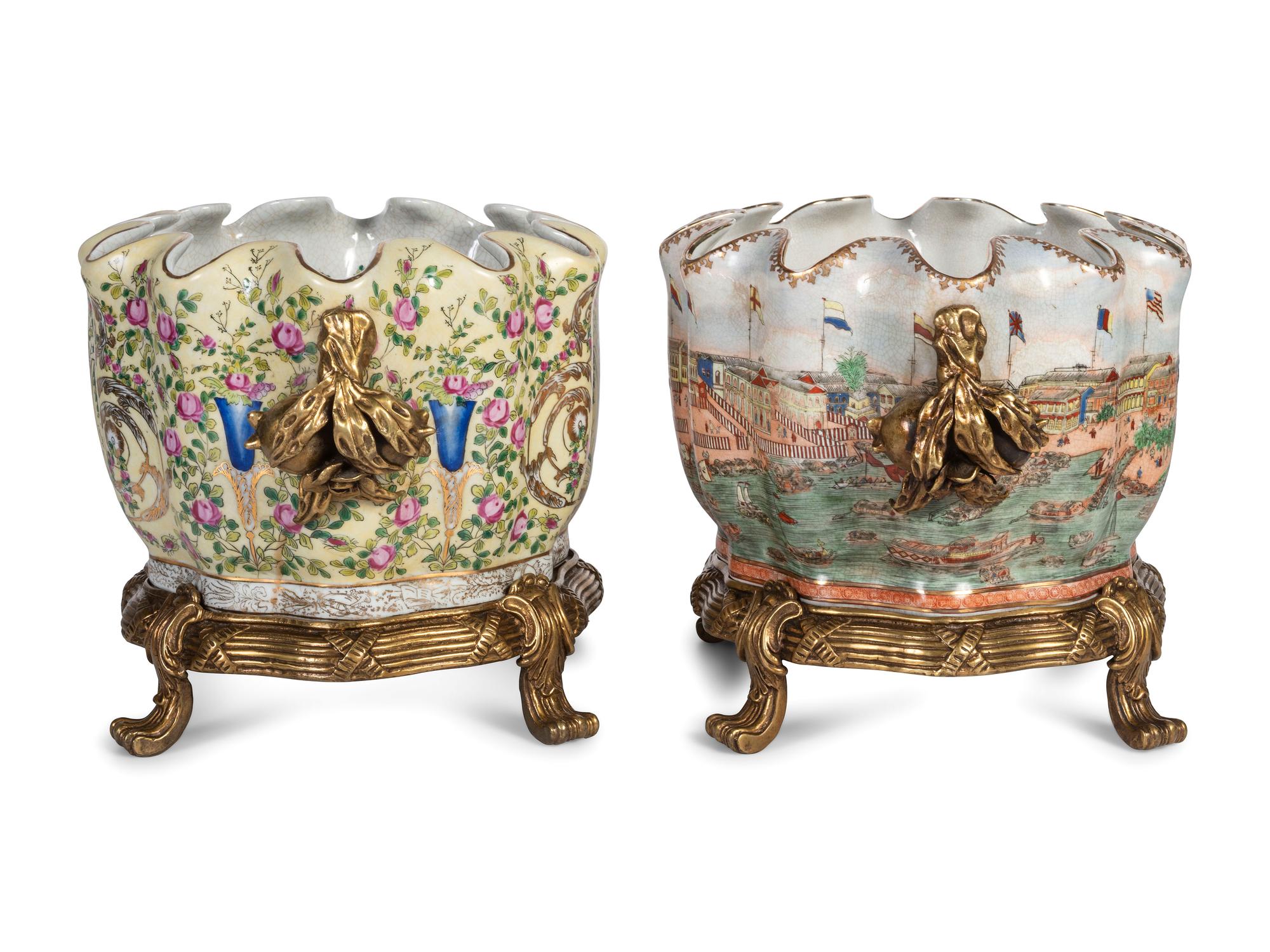 A Pair of United Wilson Gilt Metal Mounted Scalloped Porcelain Jardinieres