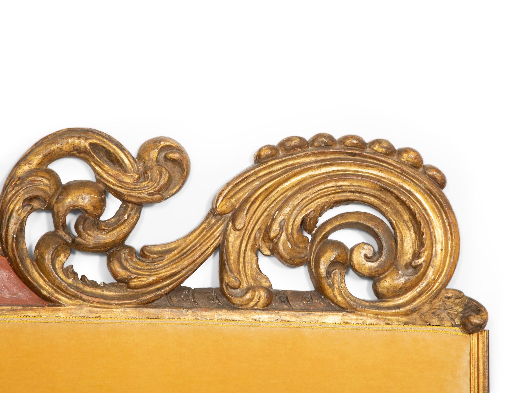 An Italian Painted and Parcel Gilt Upholstered Headboard with Upholstered Lower Panel