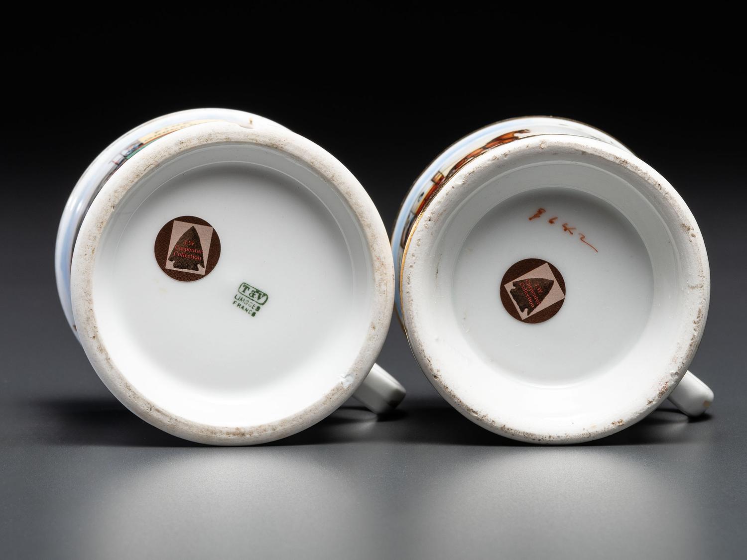 Two Porcelain Occupational Shaving Mugs with Horse-Drawn Delivery Wagons