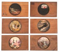 [CIVIL WAR - MAGIC LANTERN SLIDES]. A collection of 148 hand-colored glass slides featuring illustrations of Civil War military and political figures, events, cartoons, genre scenes, and more, including: