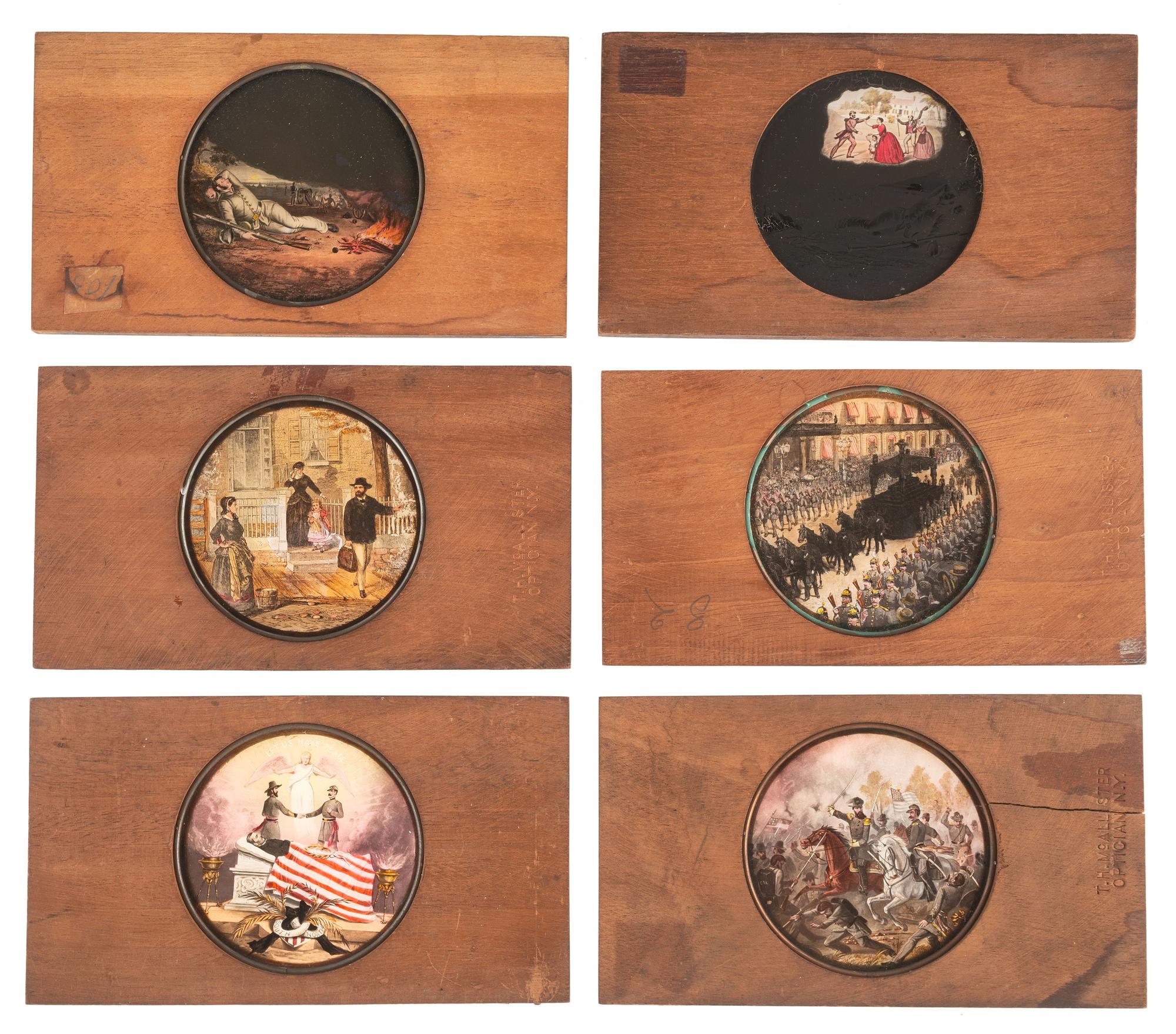 [CIVIL WAR - MAGIC LANTERN SLIDES]. A collection of 148 hand-colored glass slides featuring illustrations of Civil War military and political figures, events, cartoons, genre scenes, and more, including: