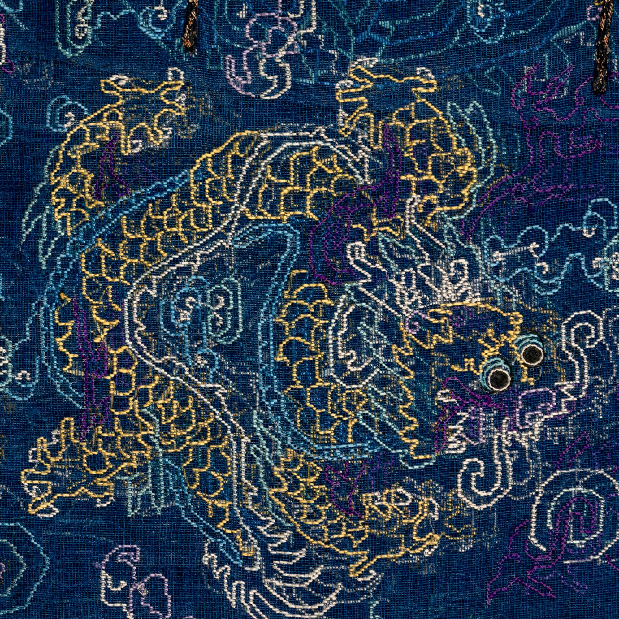 A Chinese Summer Gauze 'Dragon' Robe, Jifu, Late 19th Century 清晚期 藍地納紗繡雲龍紋夏吉服