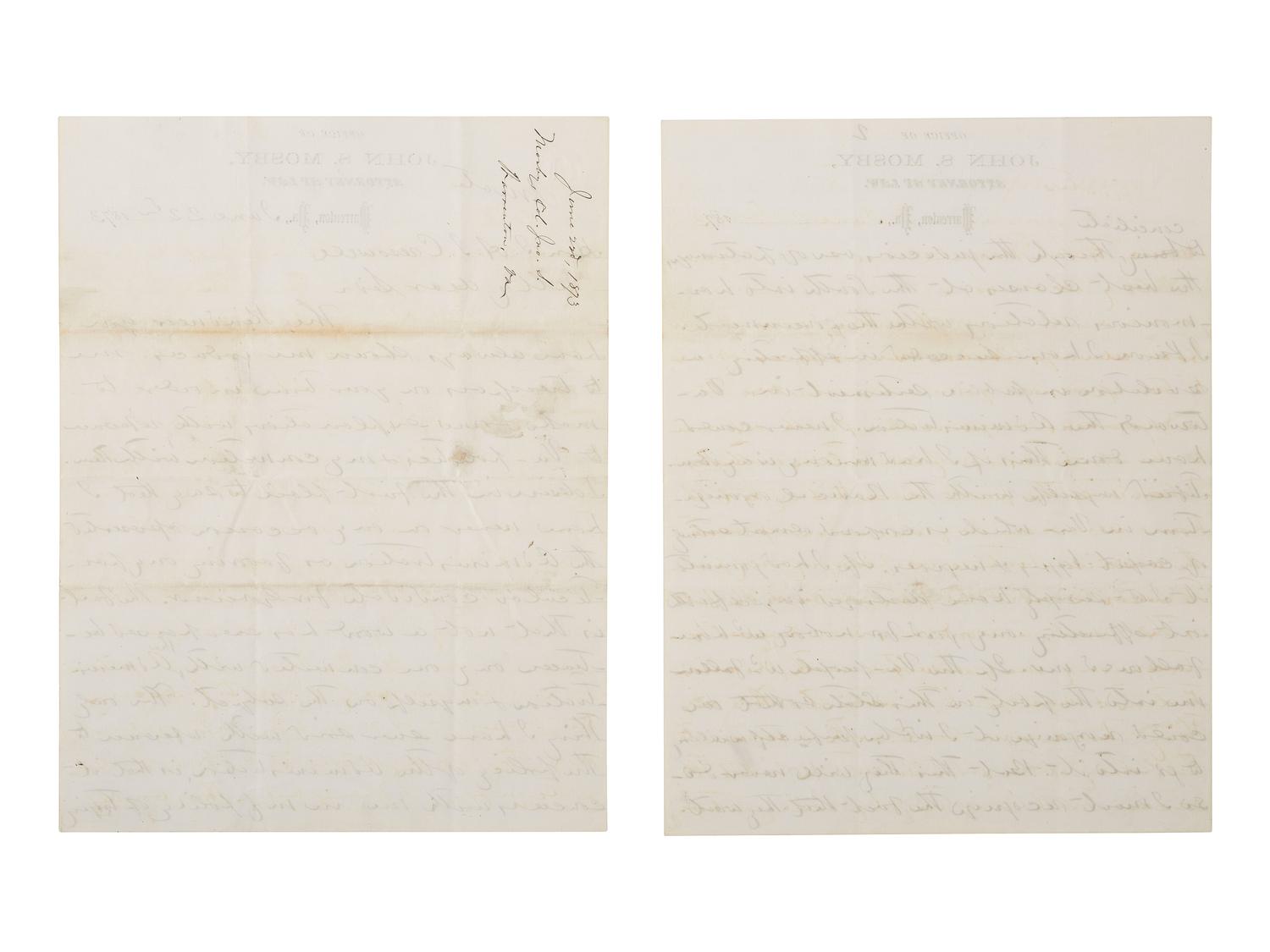 MOSBY, JOHN S. (1833-1916). ALS to J. A. J. Cresswell. Warrenton, VA, 22 June 1873. Mosby explains his political predicament within Virginia's discordant postwar Republican Party.