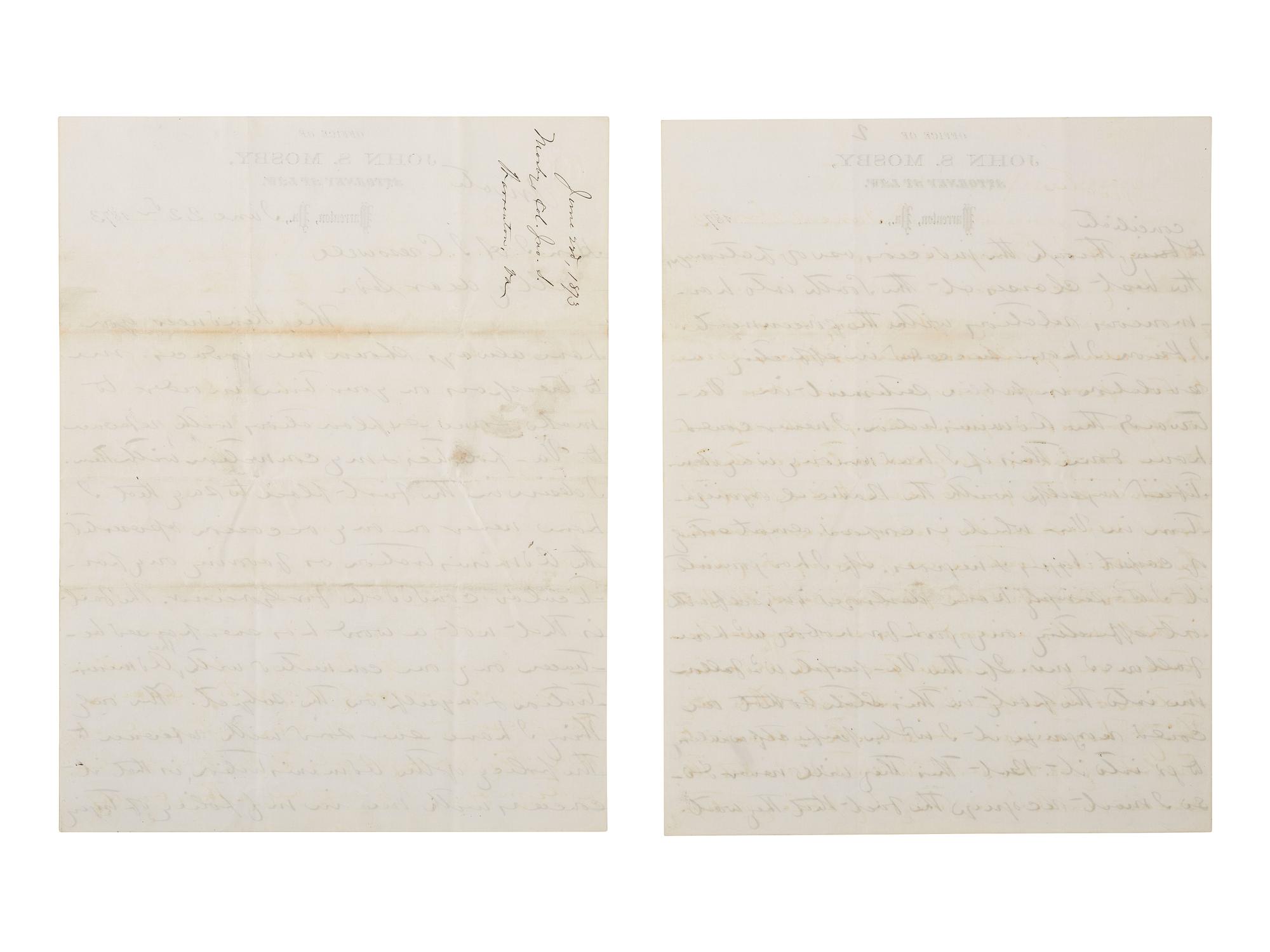 MOSBY, JOHN S. (1833-1916). ALS to J. A. J. Cresswell. Warrenton, VA, 22 June 1873. Mosby explains his political predicament within Virginia's discordant postwar Republican Party.