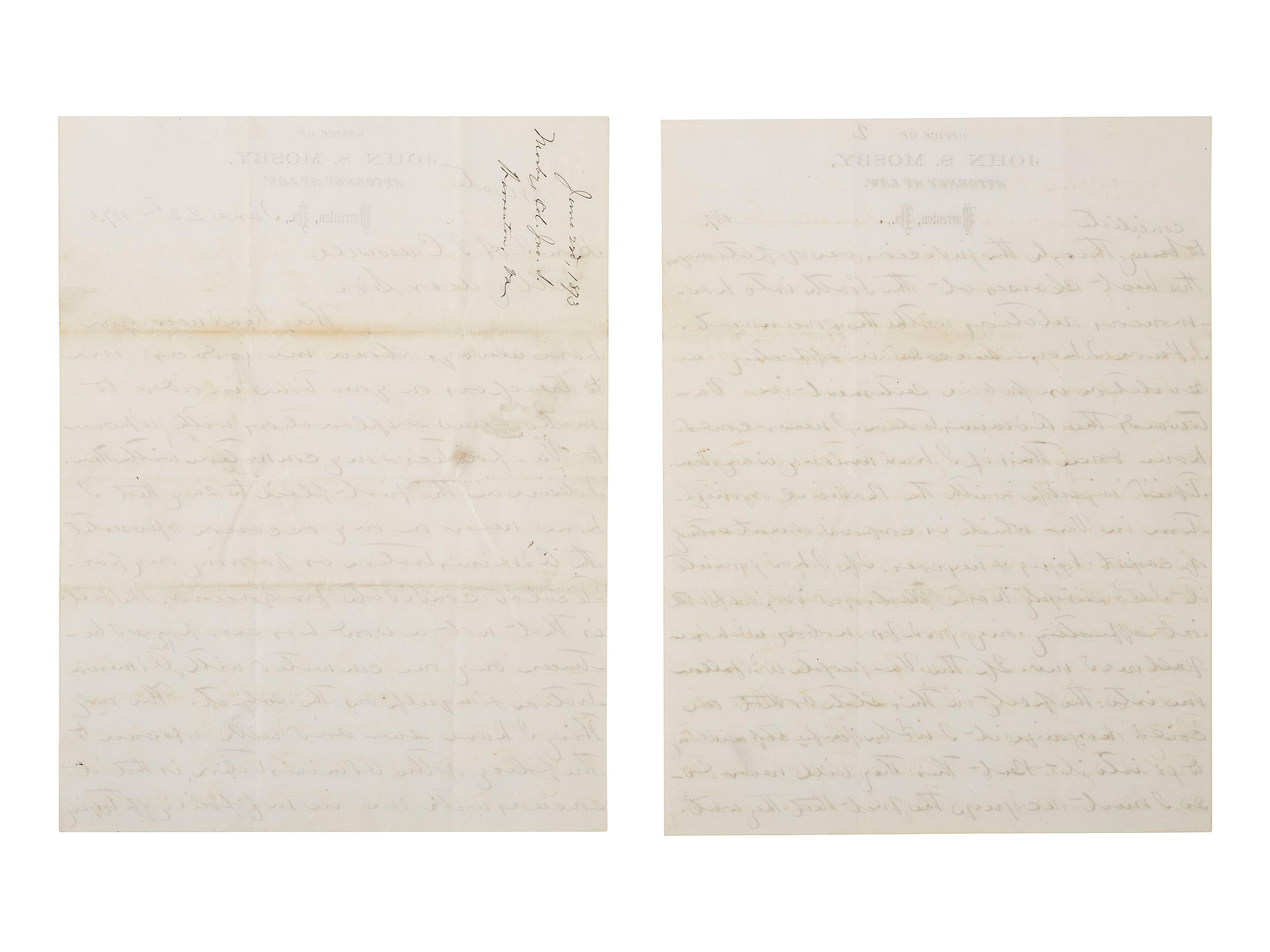 MOSBY, JOHN S. (1833-1916). ALS to J. A. J. Cresswell. Warrenton, VA, 22 June 1873. Mosby explains his political predicament within Virginia's discordant postwar Republican Party.