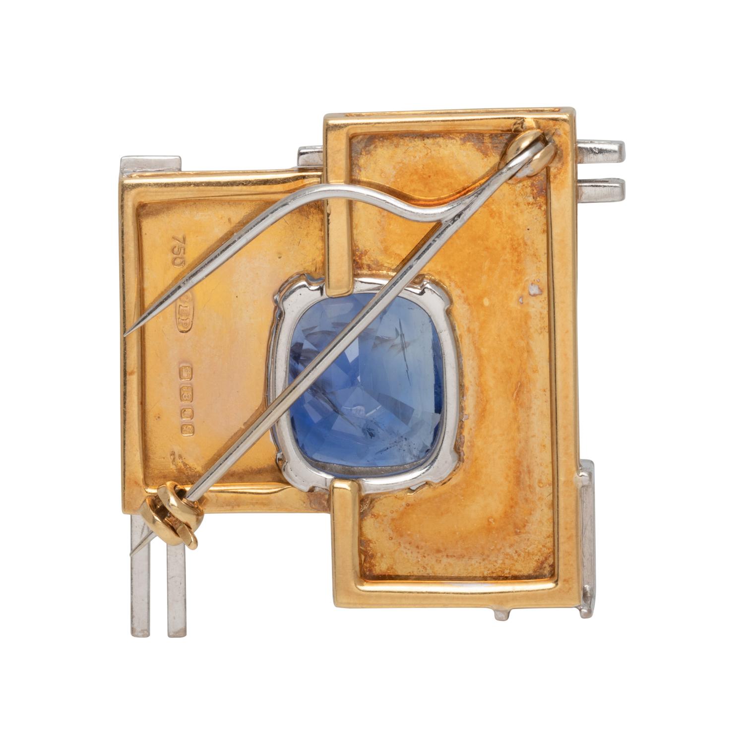 GILLIAN PACKARD, MODERNIST, BICOLOR GOLD, UNHEATED CEYLON SAPPHIRE AND DIAMOND BROOCH