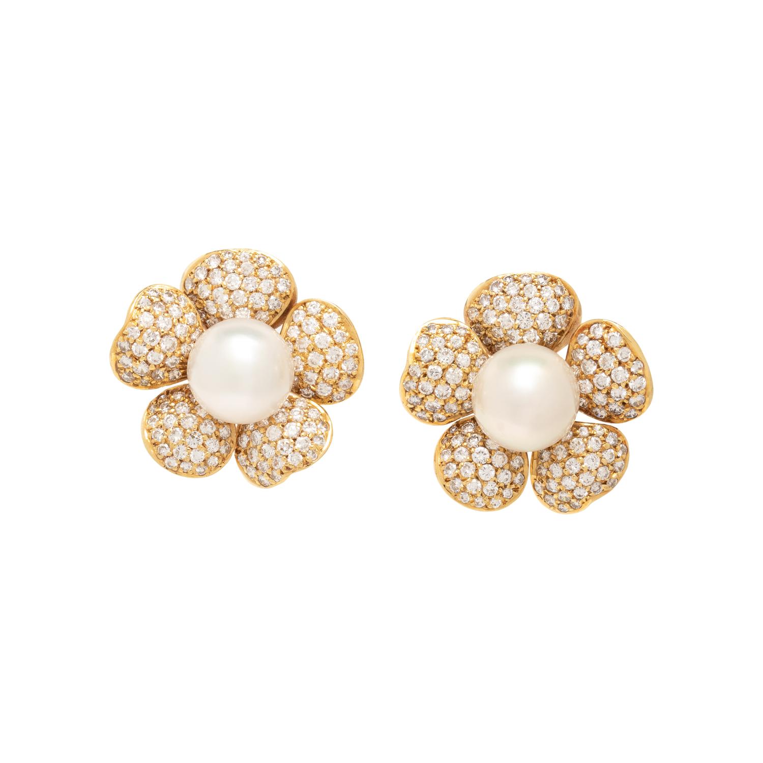 CULTURED PEARL, DIAMOND AND YELLOW GOLD FLOWER CLIP EARRINGS