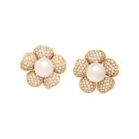 CULTURED PEARL, DIAMOND AND YELLOW GOLD FLOWER CLIP EARRINGS