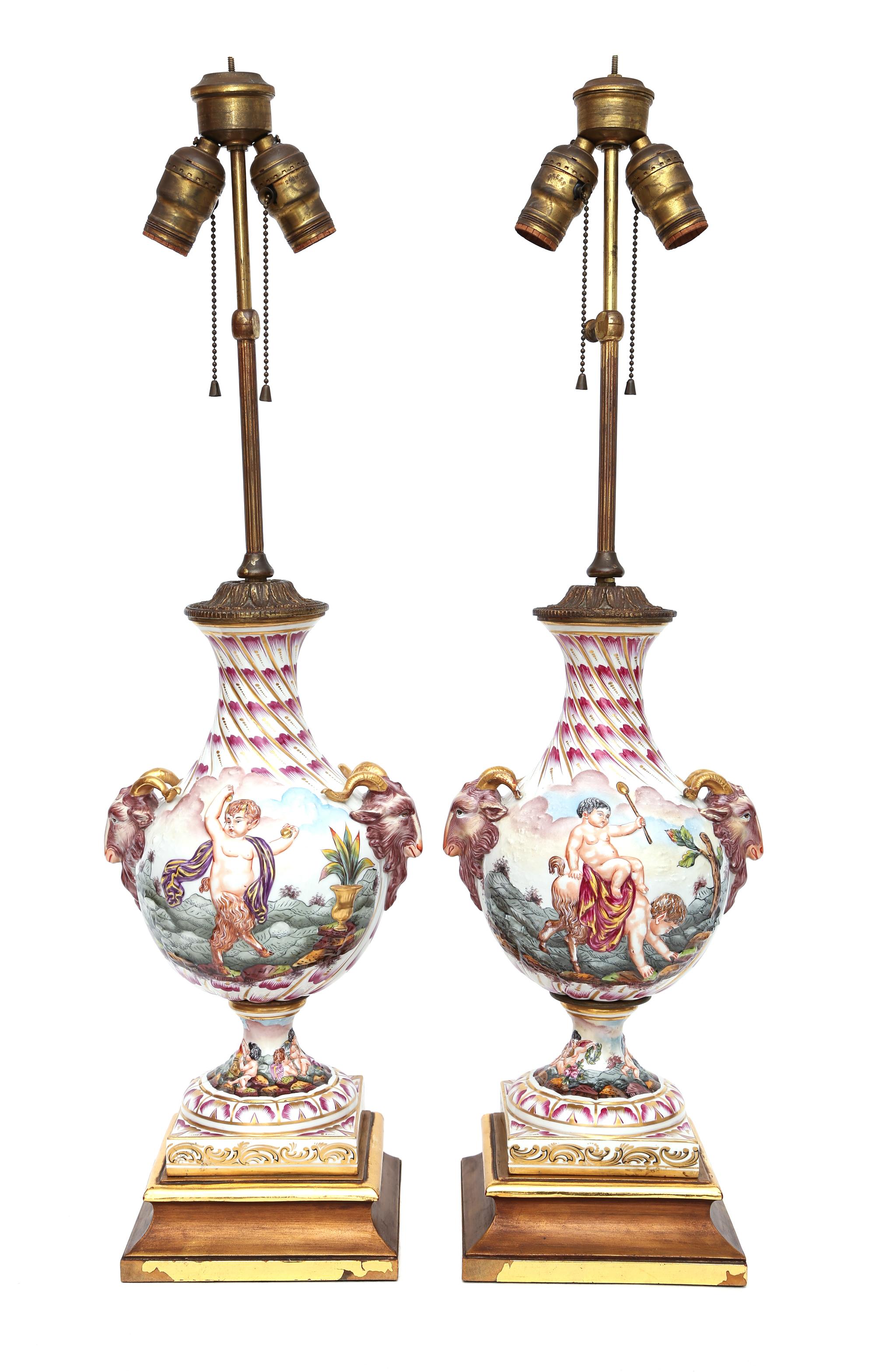 A Pair of Capo-di-Monte Porcelain Vases Height overall 30 inches. — 19TH CENTURY